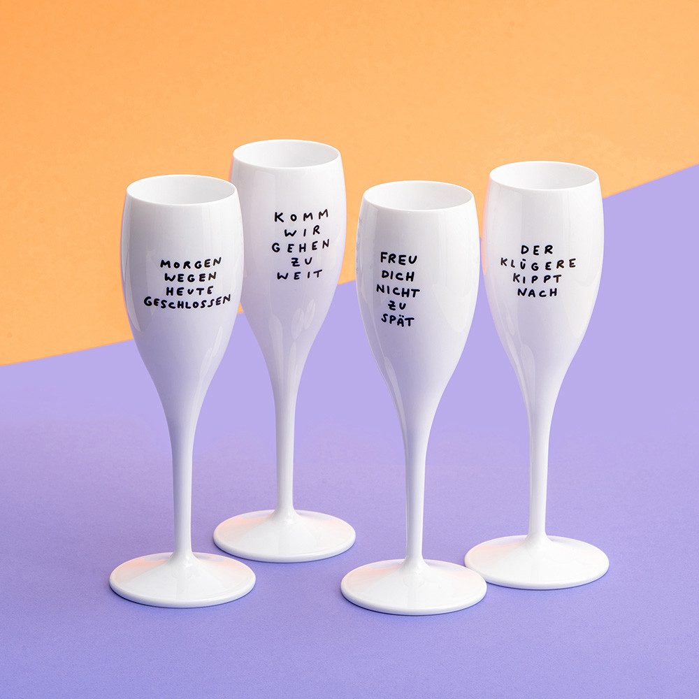KOZIOL Sektglas CHEERS No. 1 SPRUCHREIF Glas 100 ml mit Druck, 4 Motive, 4-tlg., Kunststoff, spülmaschinengeeignet
