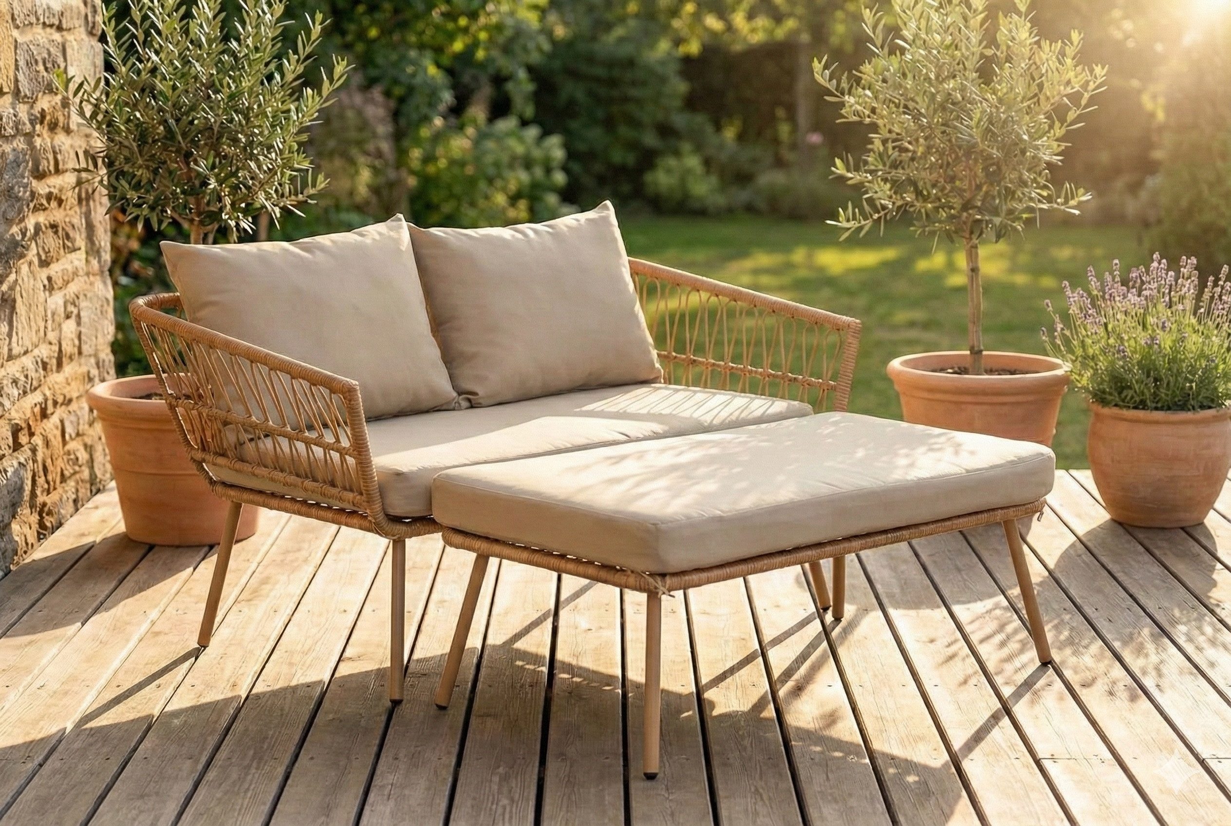 Wohnando Gartenliege Gartensofa "Maike" modernes Loungesofa, Rattan, 126x116x67cm (BxTxH), 1 St., mit Auflage und Kissen grau beige, Gartensonnenliege, Gartenmöbel