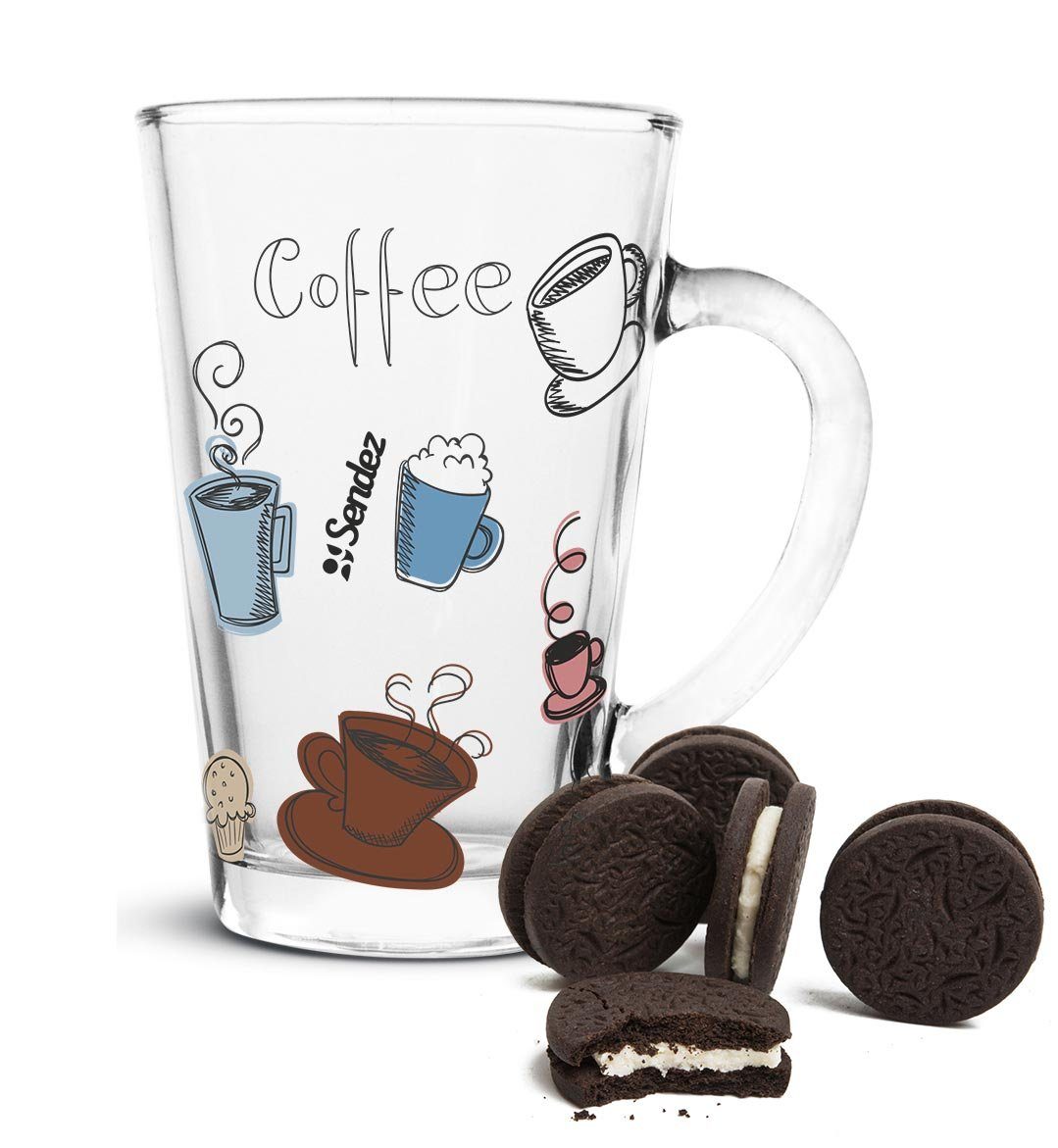 Sendez Latte-Macchiato-Glas 6 Latte Macchiato Gläser 300ml Kaffeegläser mit buntem Kaffee-Aufdruck, 6-tlg., Glas