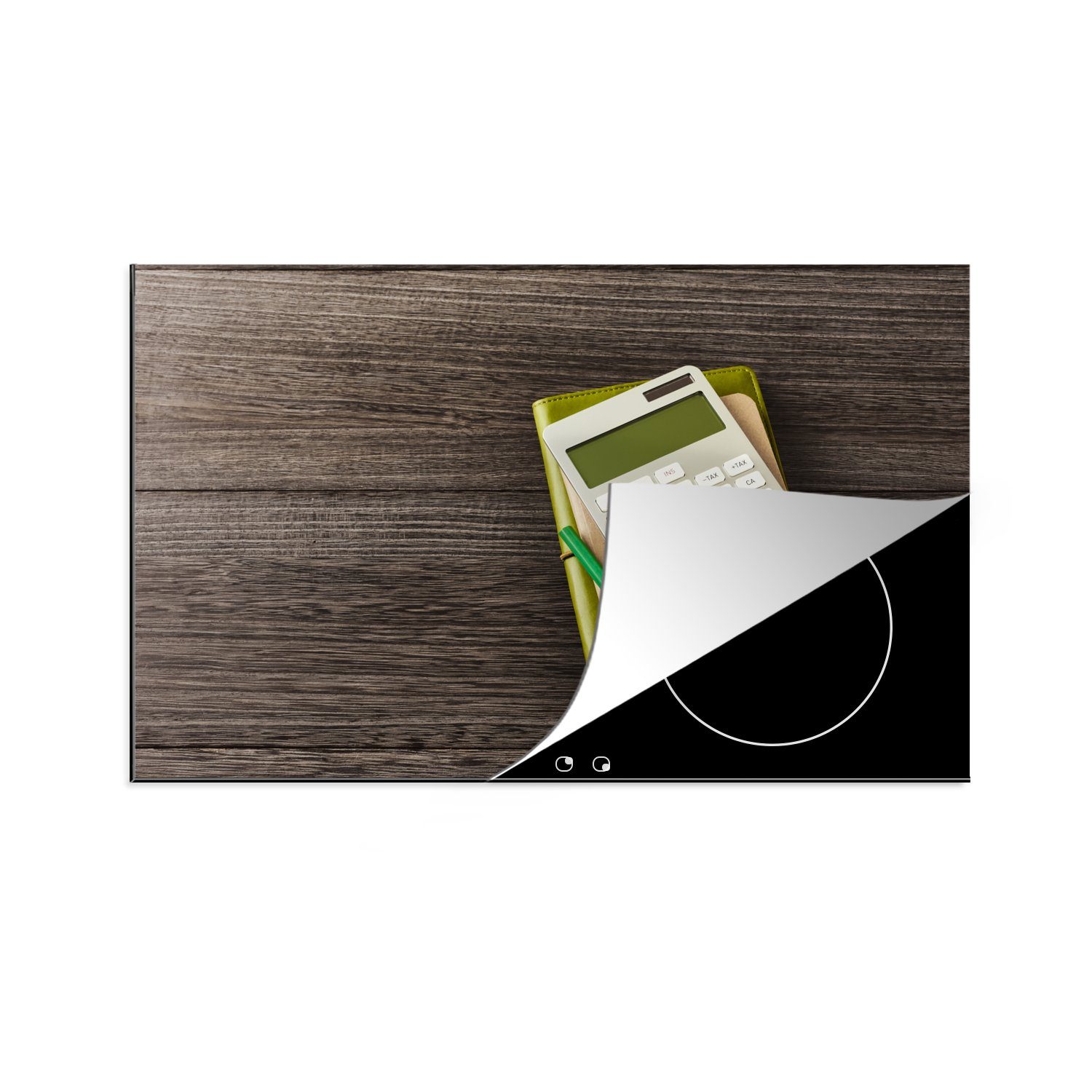 MuchoWow Herdblende-/Abdeckplatte Taschenrechner auf einem Tagebuch mit einem Bleistift, Vinyl, (1 tlg), 81x52 cm, Induktionskochfeld Schutz für die küche, Ceranfeldabdeckung
