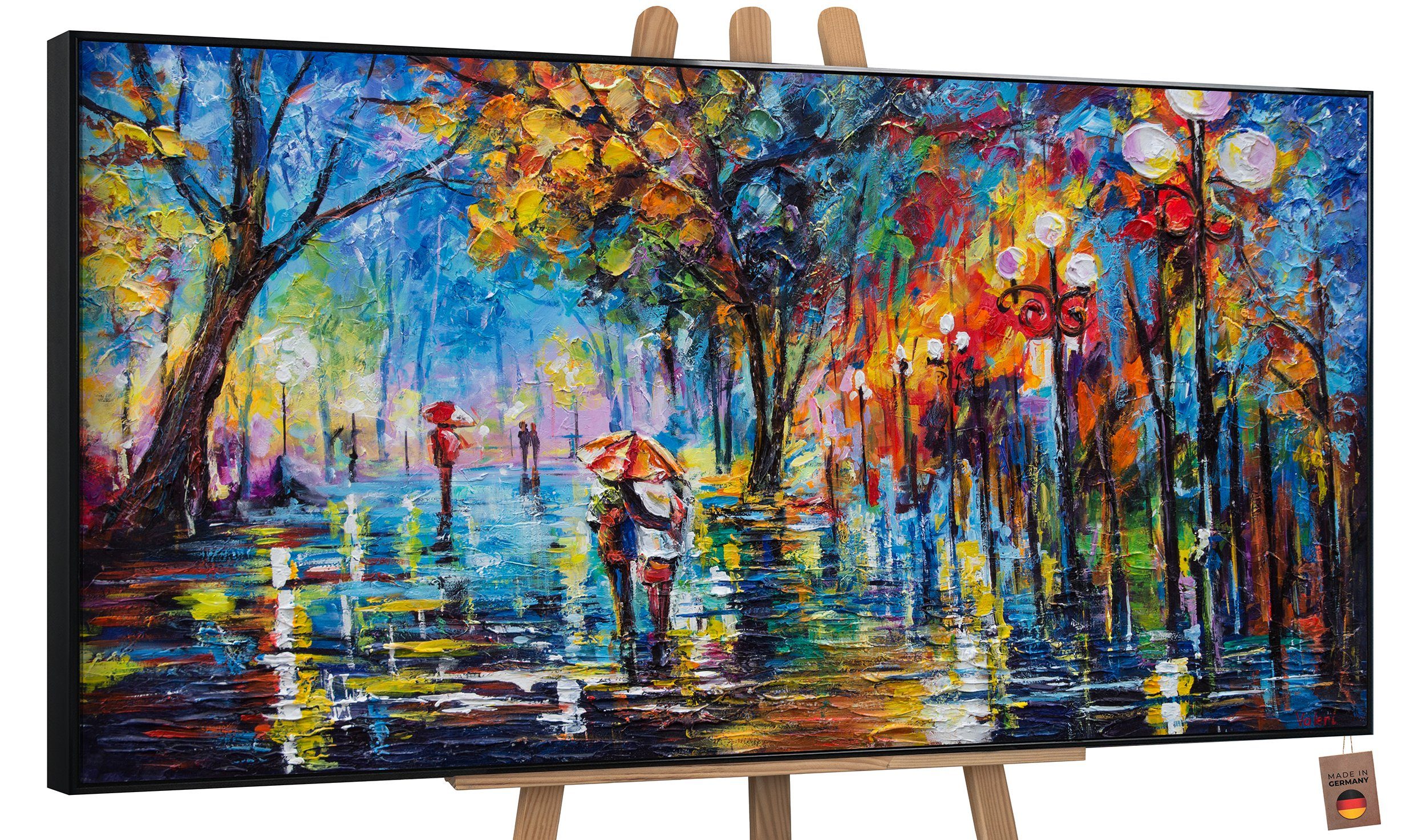 YS-Art Gemälde Herbstliche Allee, Menschen, Paar Regenschirm Leinwand Bild Handgemalt Allee Baum Mit Rahmen in Schwarz