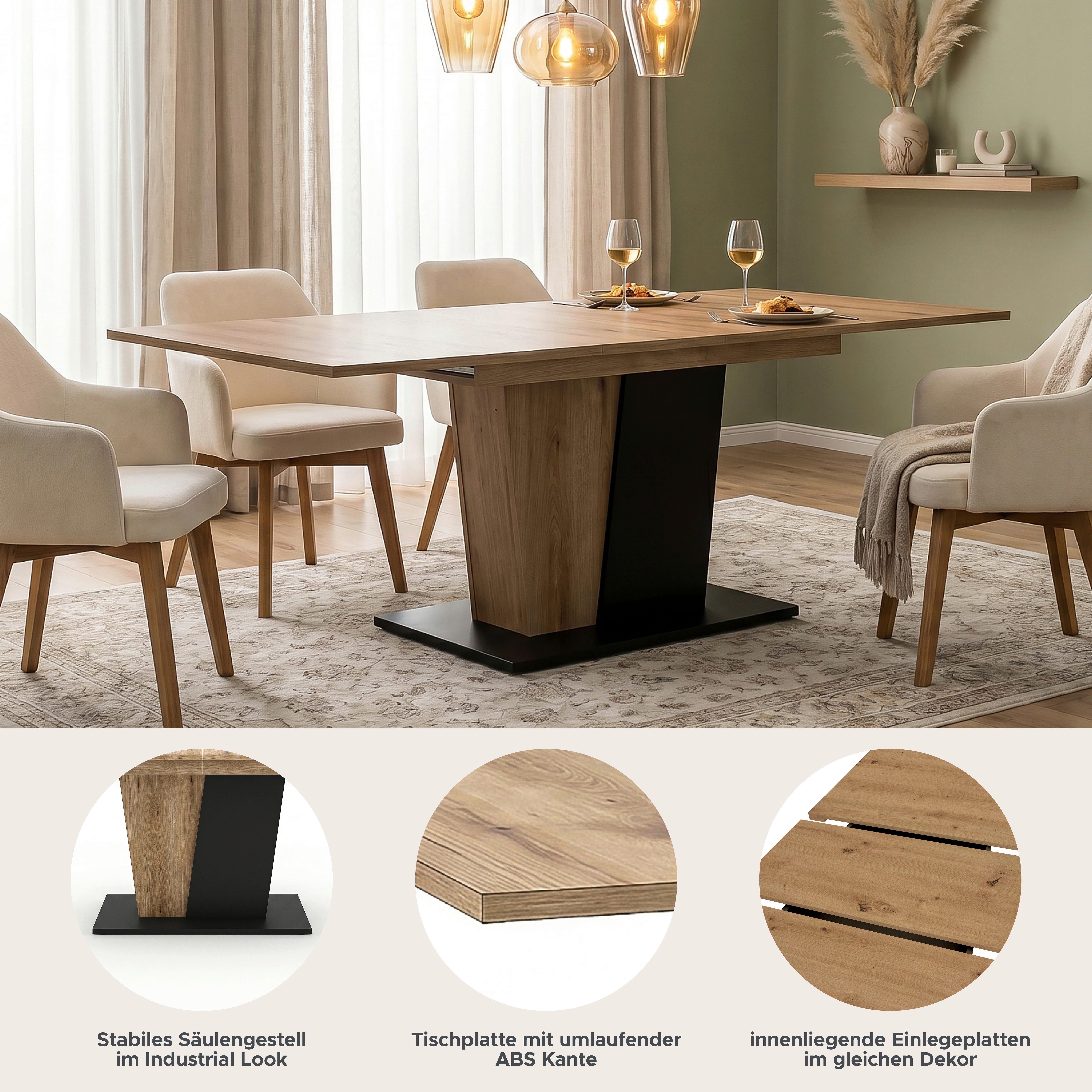 OTTO home Esstisch MONOLITH, ausziehbar 150 -230 cm, inklusive 2x 40 cm Einlegeplatte (individuell einsetzbar, in moderner Farbausführung), V-Gestell mit Bodenplatte, Tisch, Küchentisch, Esszimmer, Küche