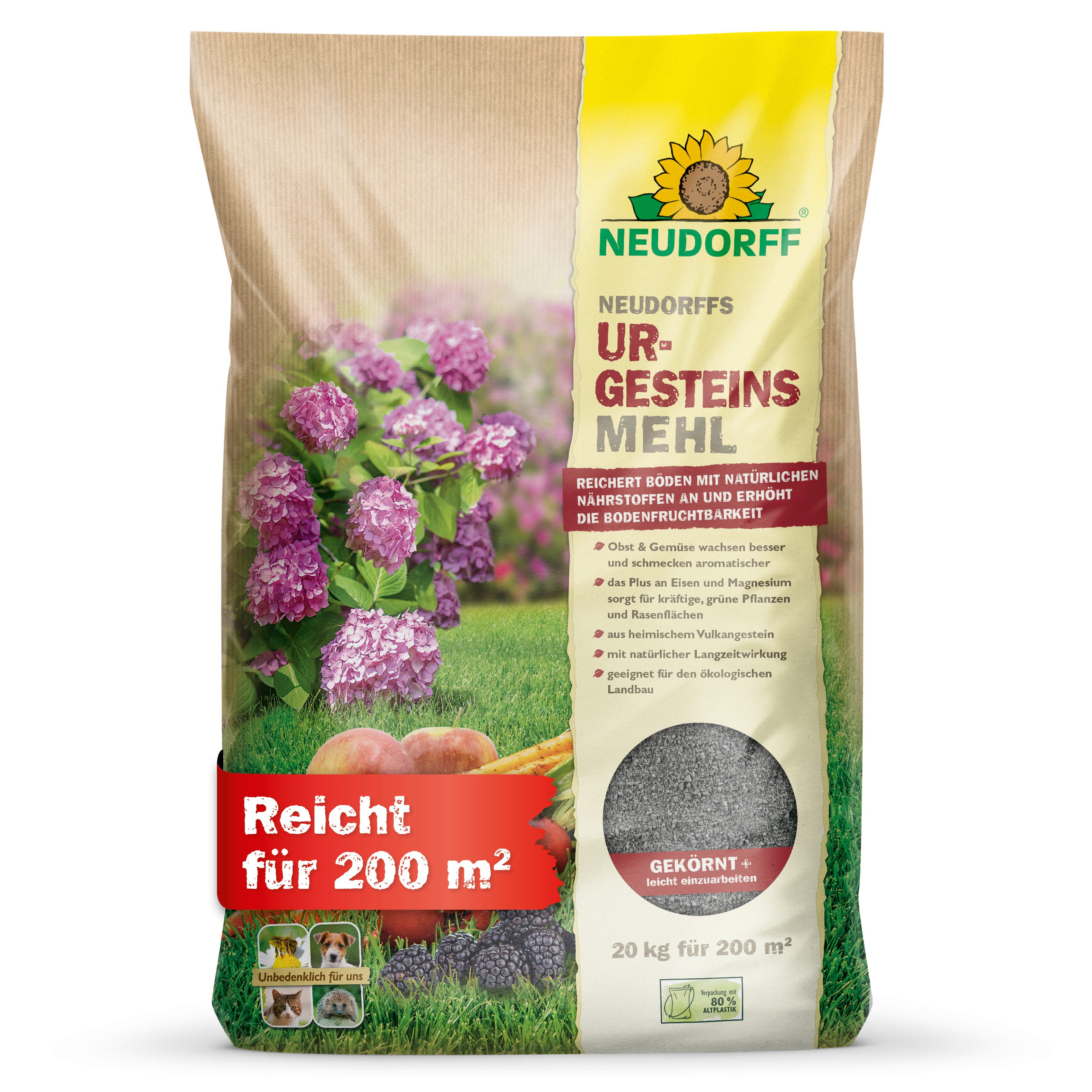 Neudorff Bodenverbesserer UrgesteinsMehl 20 kg, Zur Remineralisierung und Verbesserung ausgelaugter Böden, Bodenhilfsstoff für Garten, Rasen & Kompost bis 200 m², Füllt den Mineralstoff- & Spurenelementespeicher des Bodens auf