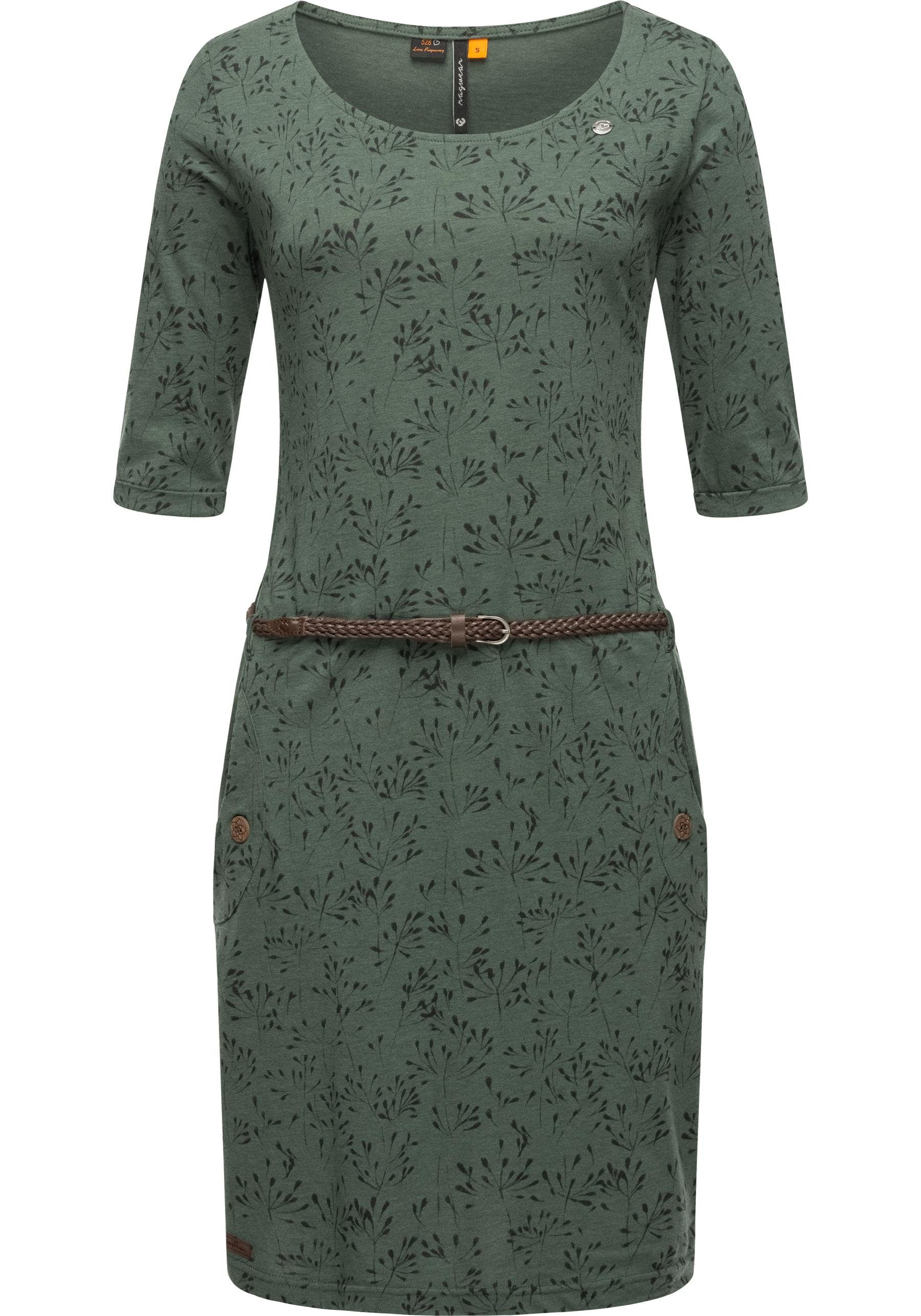 Ragwear Jerseykleid Tannya Flowery (2-tlg) stylisches Shirtkleid Gürtel Halbarm grün mit