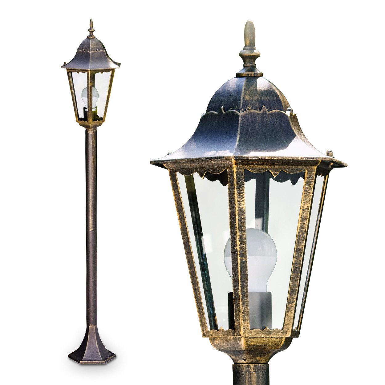 hofstein Außen-Stehlampe »Viano« Außenleuchte, Aluguss in Braun/Gold mit Milchglas-Scheiben, ohne Leuchtmittel, Wegeleuchte 122cm, Retro/Vintage Gartenlampe, E27, IP44in antikem Look