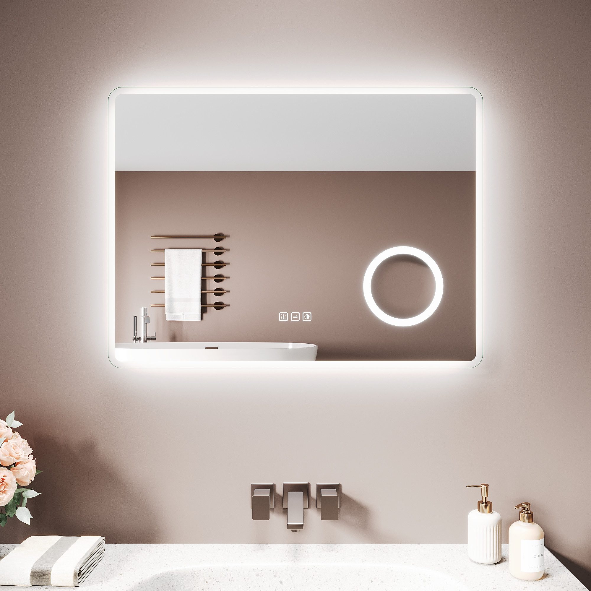 SONNI Badspiegel Badspiegel mit Beleuchtung LED Drei Farbtemperaturen, Drei Farbtemperaturen dimmbar, Antibeschlag, Ladesteckdose