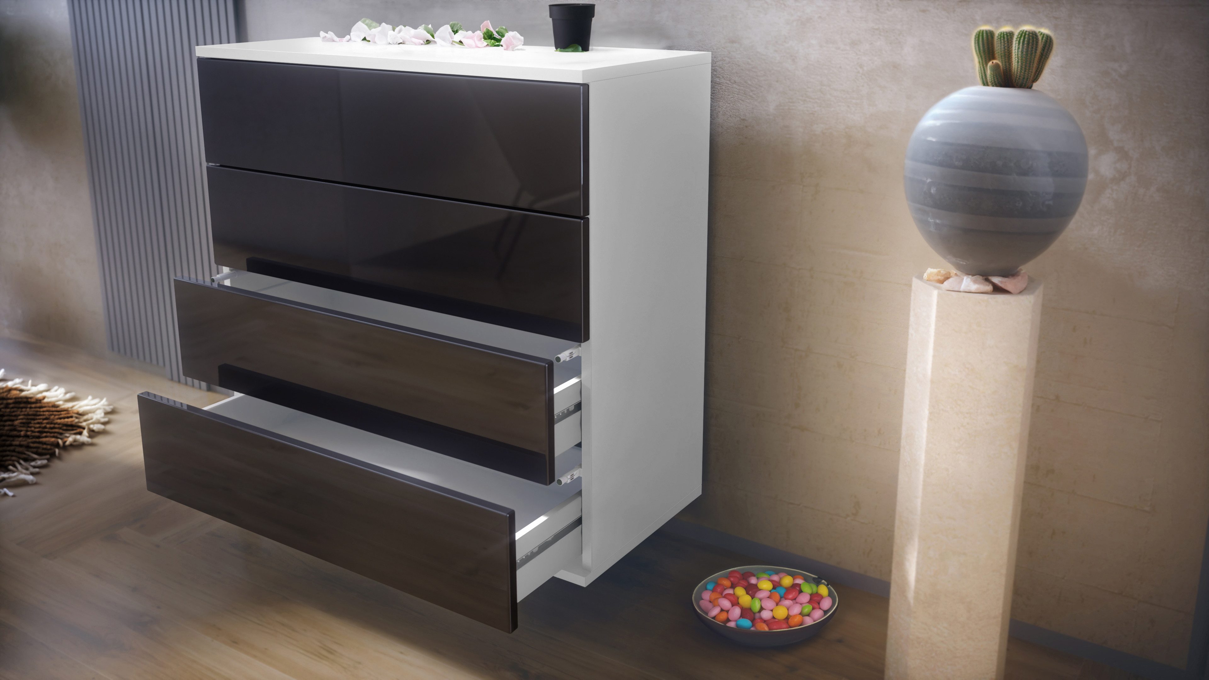 Vladon Kommode Pavos V3 (Sideboard hängend, mit 4 Schubladen), Weiß matt/Eiche Nordic (76 x 76 x 35 cm)
