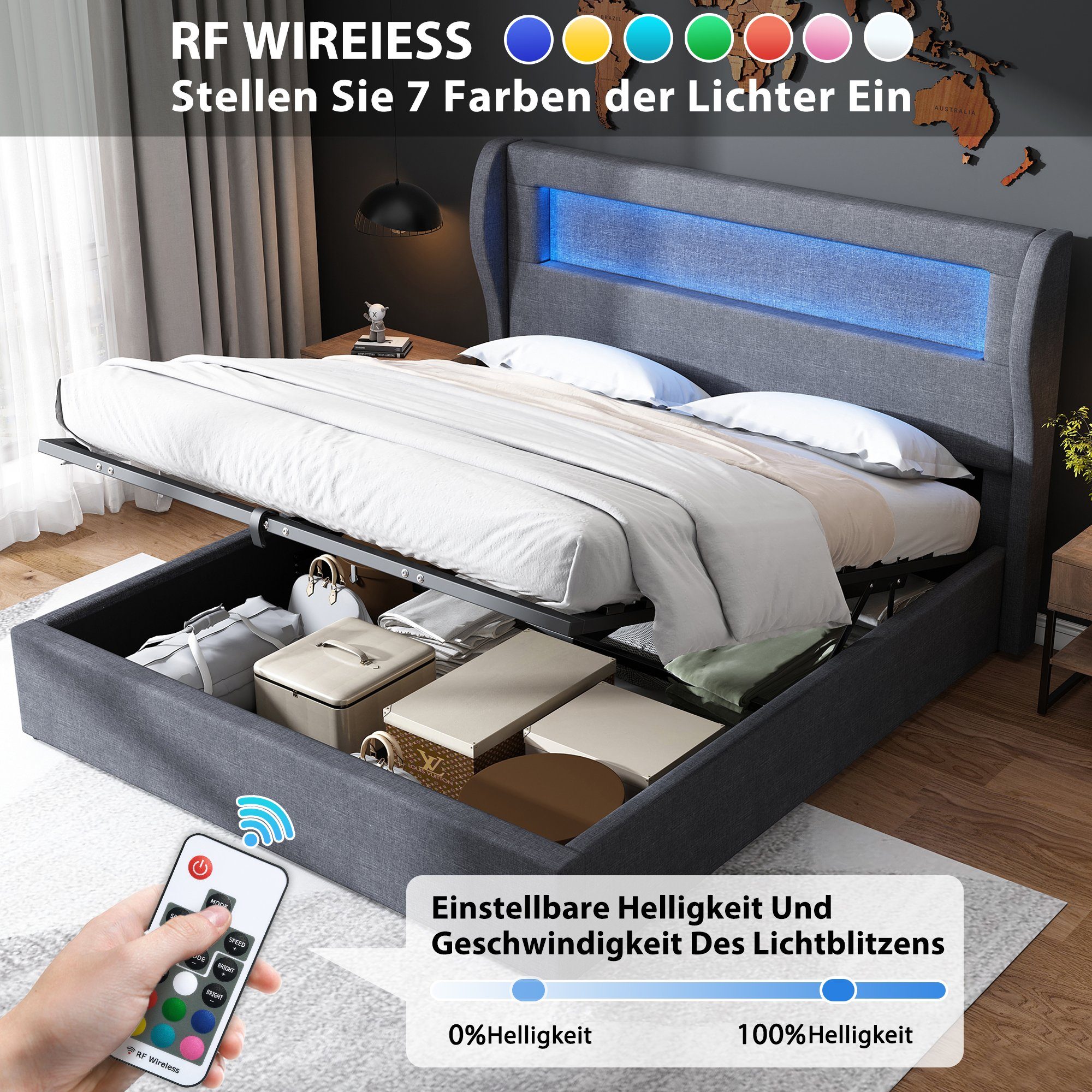Boxspringbett (Doppelbett 140 x 200 cm mit LED Beleuchtung, Leinen), Polsterbett Hydraulisches Funktionsbett mit Lattenrost und Bettkasten