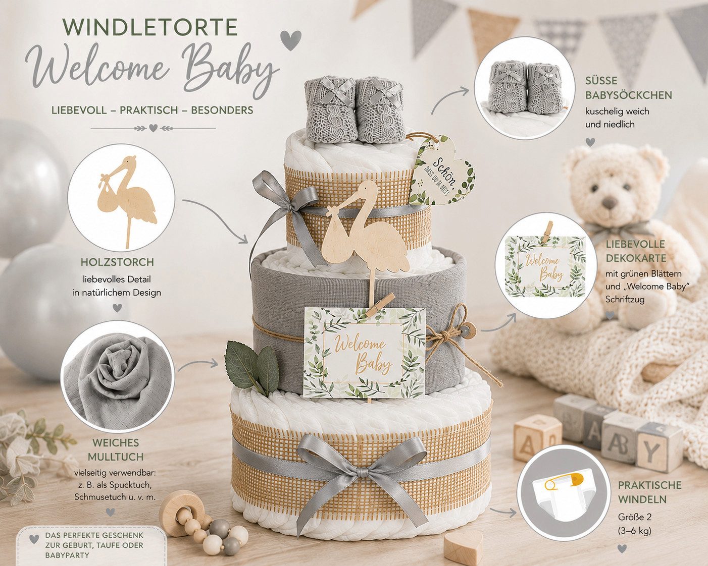 dubistda-WINDELTORTEN- Neugeborenen-Geschenkset Windeltorte Storch, zur Geburt – Bild 3 von 3