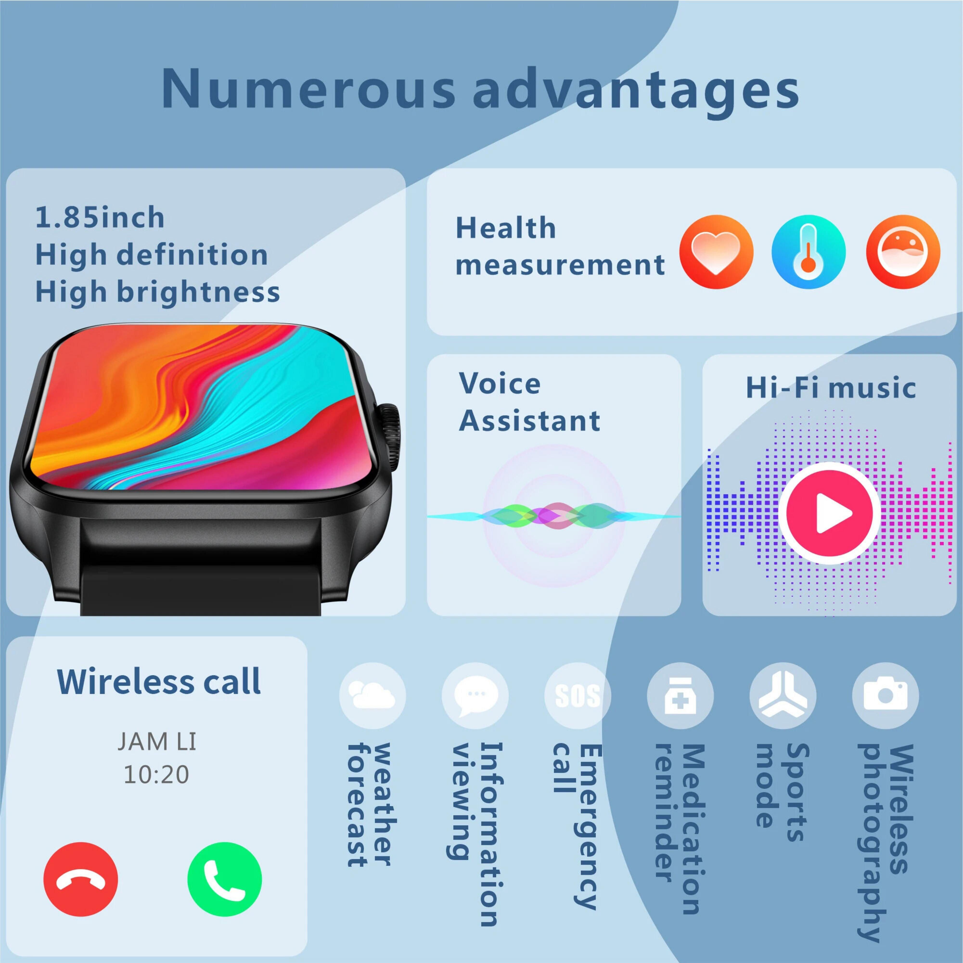 Nagham Ghazal Aswad Smartwatch Luxus Bluetooth Anruf Sport Wasserdichte 1,85 Zoll 2025 Smartwatch (3,8cm cm)