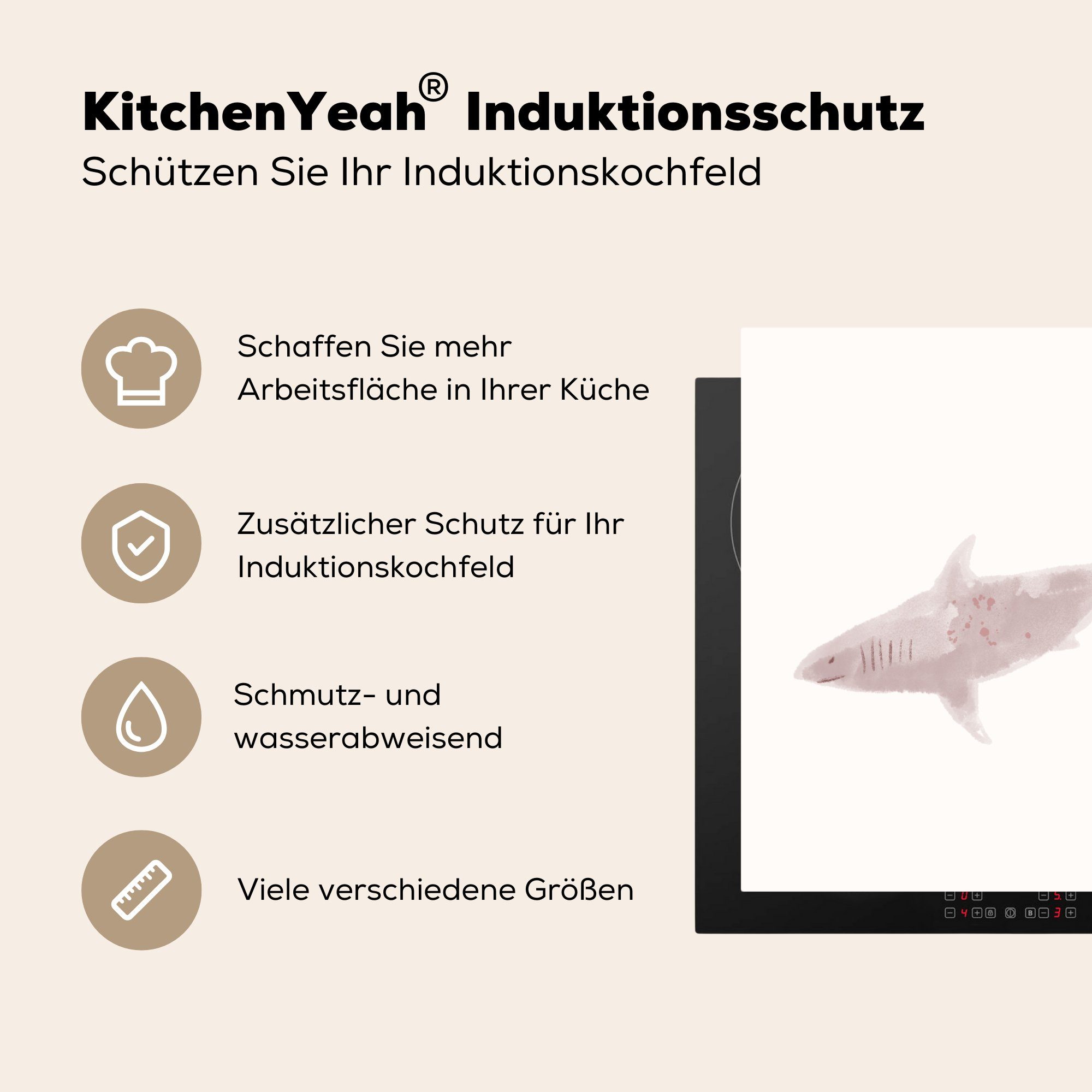 MuchoWow Herdblende-/Abdeckplatte Haie küche für tlg), 78x78 Vinyl, - Ceranfeldabdeckung, (1 Meer cm, - Aquarell, Arbeitsplatte