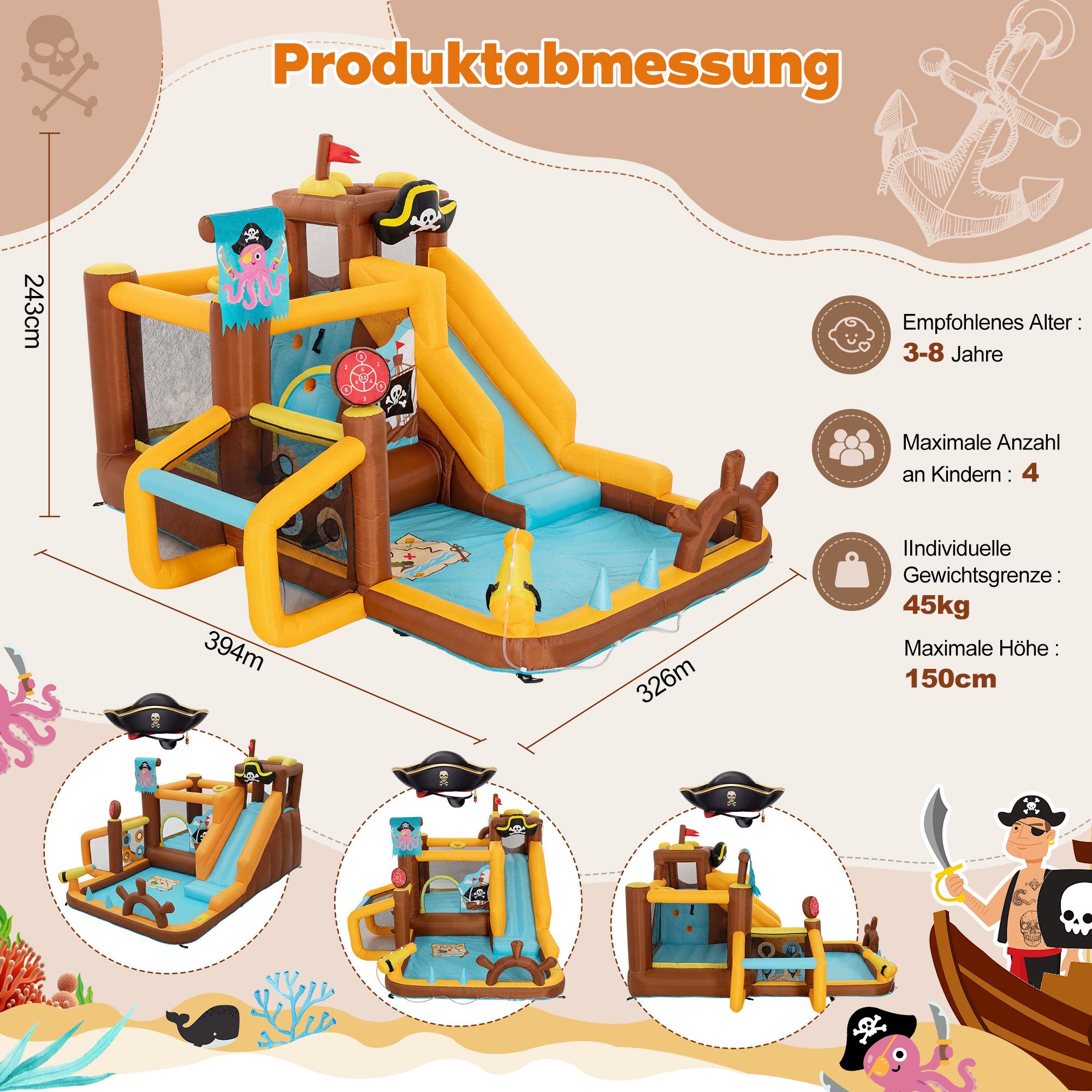 UEV Hüpfburg mit Gebläse Groß Piraten-Thema Aufblasbare Wasserpark Springburg, (394x326x243cm XXL für Kinder von 3-8 Jahre, mit Kletterwand Sicherheitsnetz Kindergeburtstag), für Indoor und Outdoor Wasserrutsche Springen