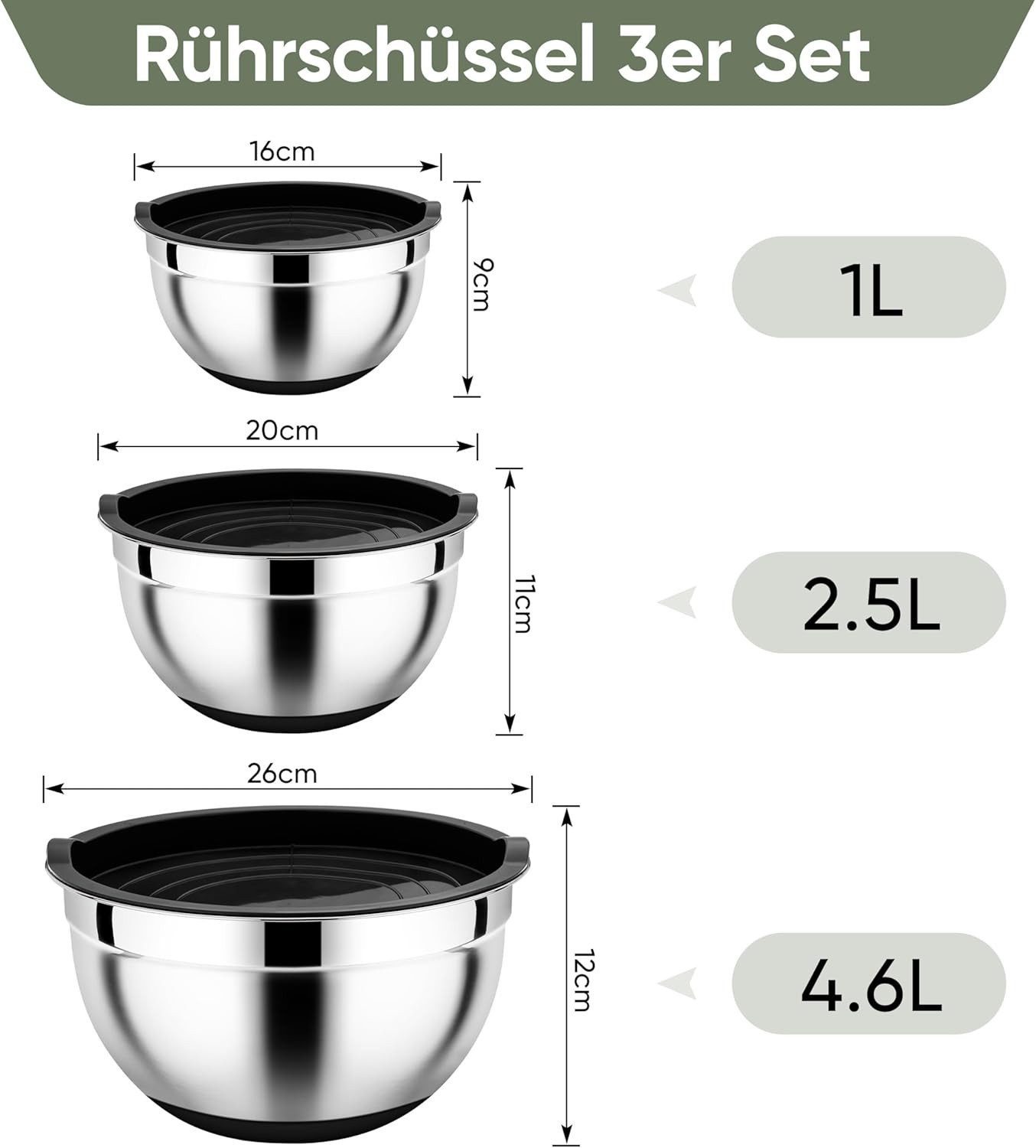 GLIESE Rührschüssel Edelstahl-Set Mit Nestenden Schüsseln Luftdichten Deckeln, (3-tlg), stapelbar – Bild 2 von 5