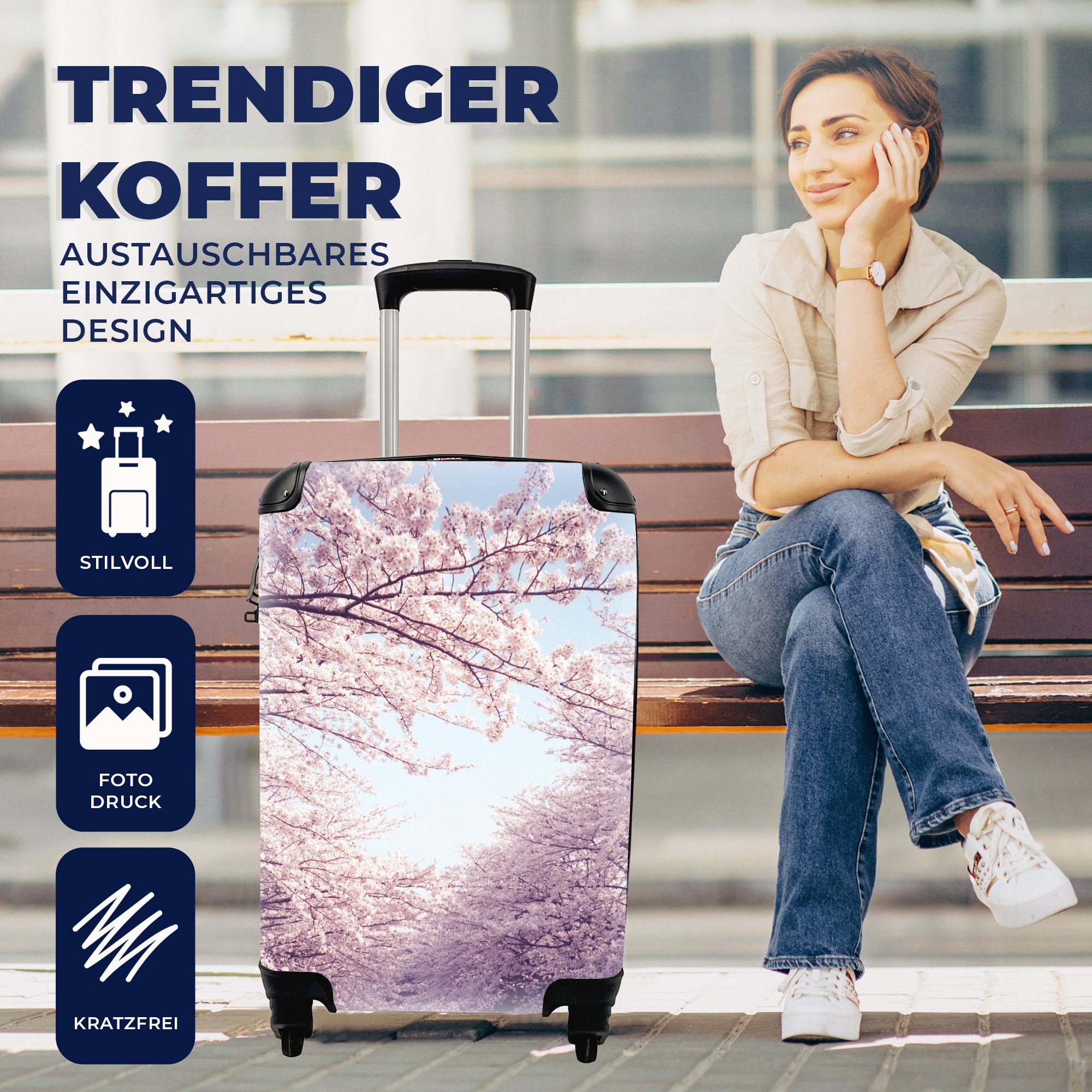 Reisekoffer für Trolley, 4 Reisetasche Handgepäck Frühling, rollen, mit MuchoWow Handgepäckkoffer Ferien, im Kirschbaumzweige Rollen,