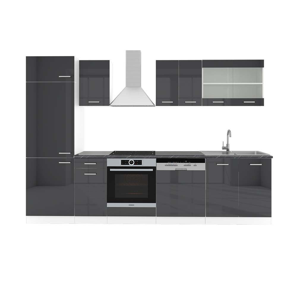 Vicco Küchenzeile R-Line, Anthrazit Hochglanz/Weiß, 300 cm, AP Anthrazit günstig online kaufen