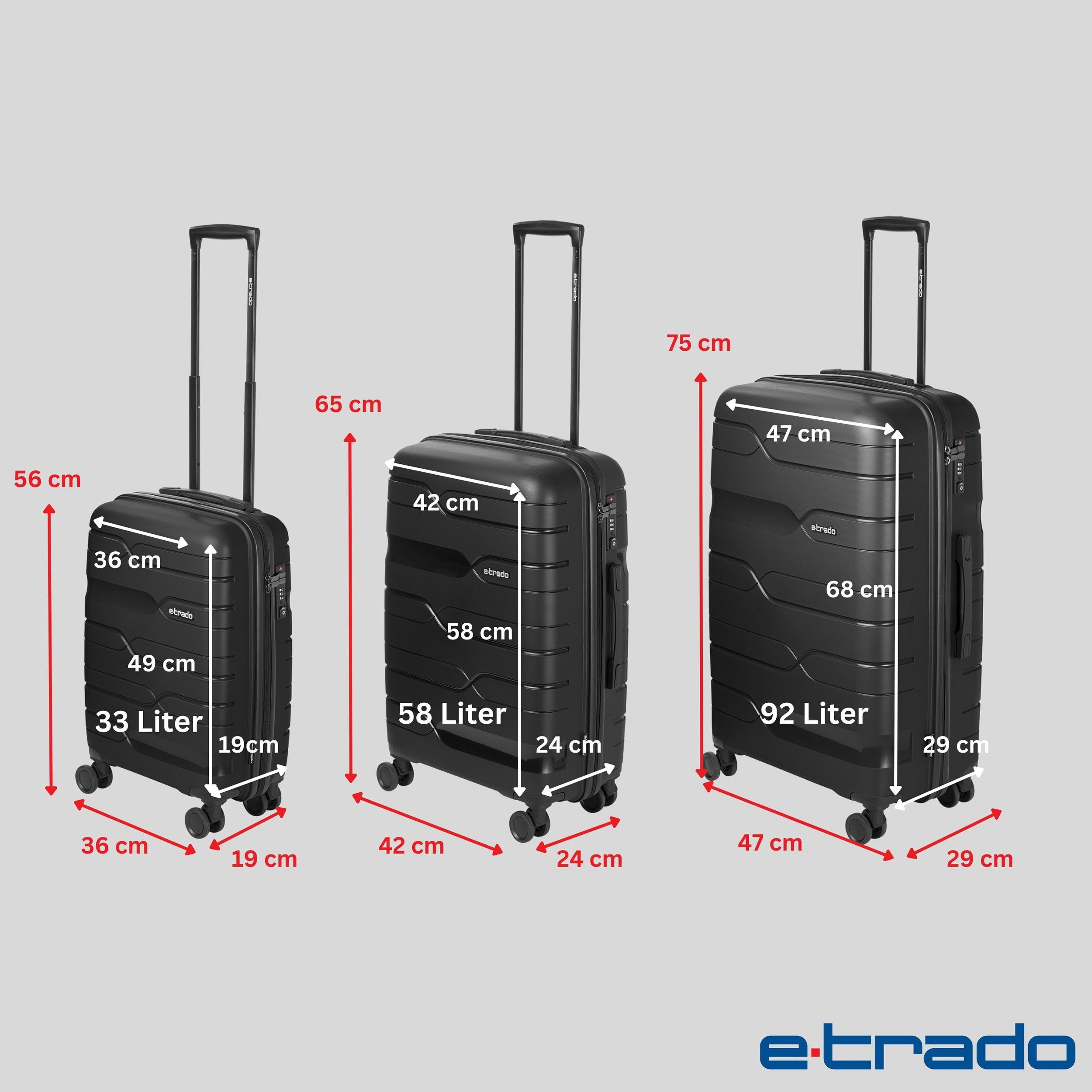 Rollen, Rollen tlg Kofferset e-Trado Schwarz PP aus Reisekoffer 4 4 Kofferset mit 3