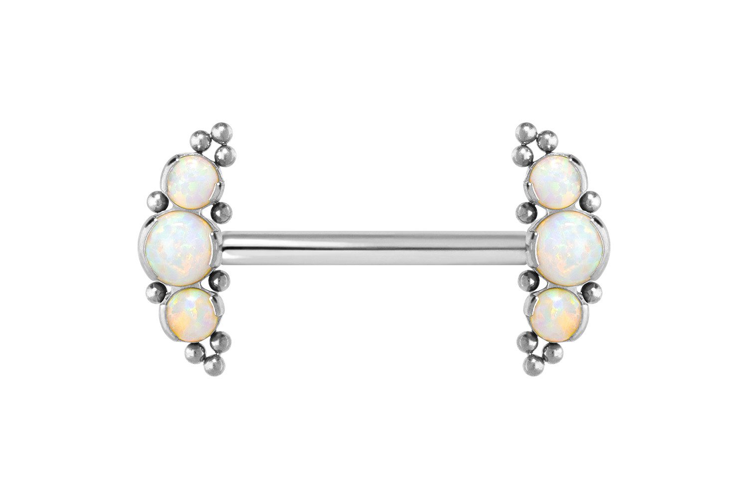 Brustwarzenpiercing Titan Barbell mit Push Fit 3 SYNTHETISCHE OPALE + KUGELN