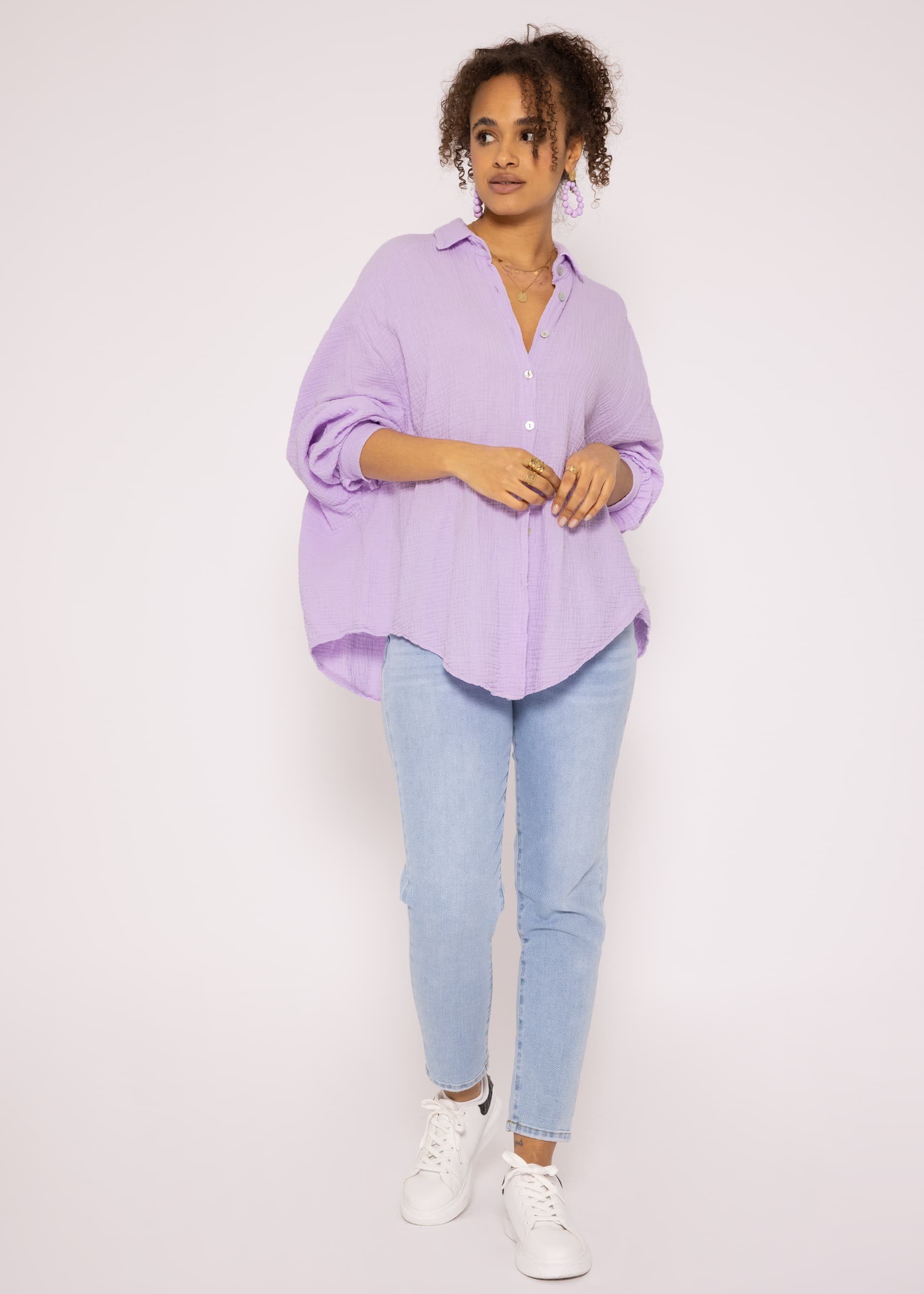Flieder lang (Gr. 36-48) Damen Langarm Oversize SASSYCLASSY Size Musselin Bluse aus Longbluse Baumwolle mit V-Ausschnitt, One Hemdbluse