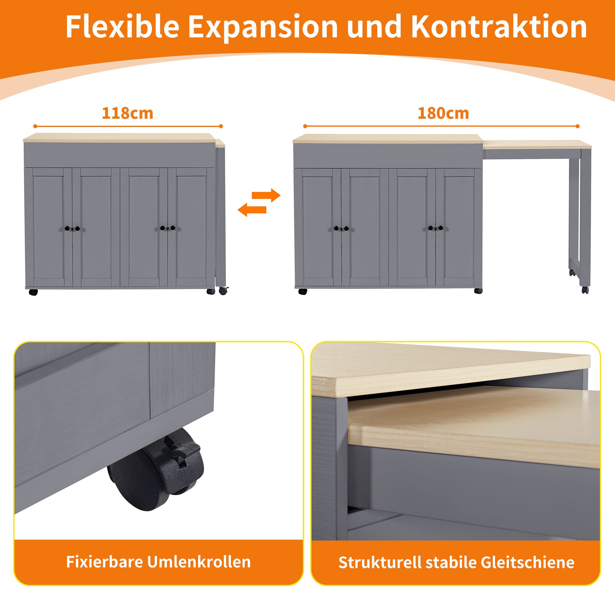 i@home Kücheninsel Ausziehbarer Bartisch, (118–180cm, mit elegantem konkavem Türdesign), Platzsparende bewegliche Kücheninsel mit ausziehbarer Arbeitsfläche – Bild 5 von 5
