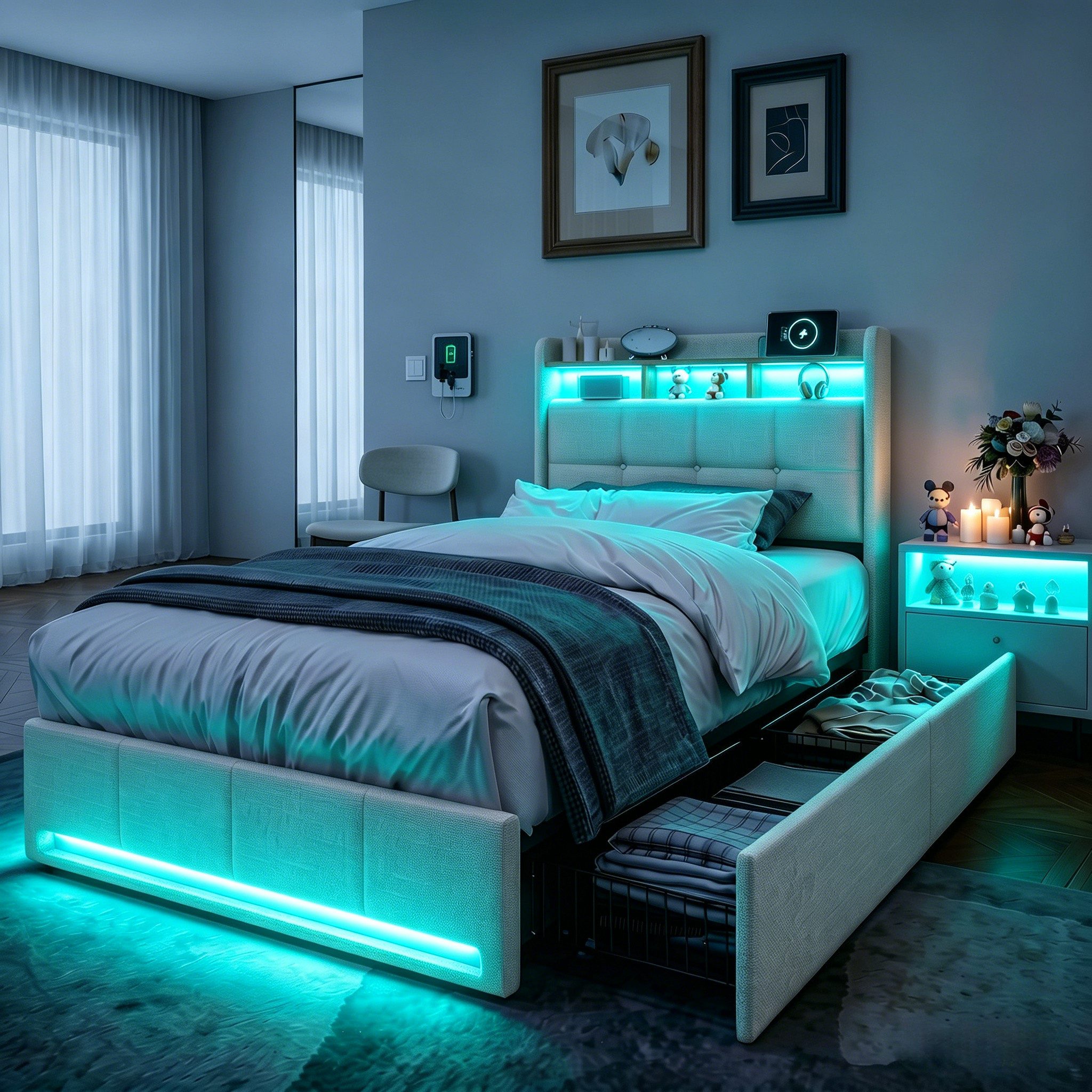 Furnishings Home Polsterbett LED Doppelbett 140x200 cm, Stauraumbett mit Kopfteil und 4 Schubladen (Leinenmaterial Polsterbett mit RGB Beleuchtung), mit Lattenrost und Ladefunktion, mit Komforthöhe, Leises Design Bett
