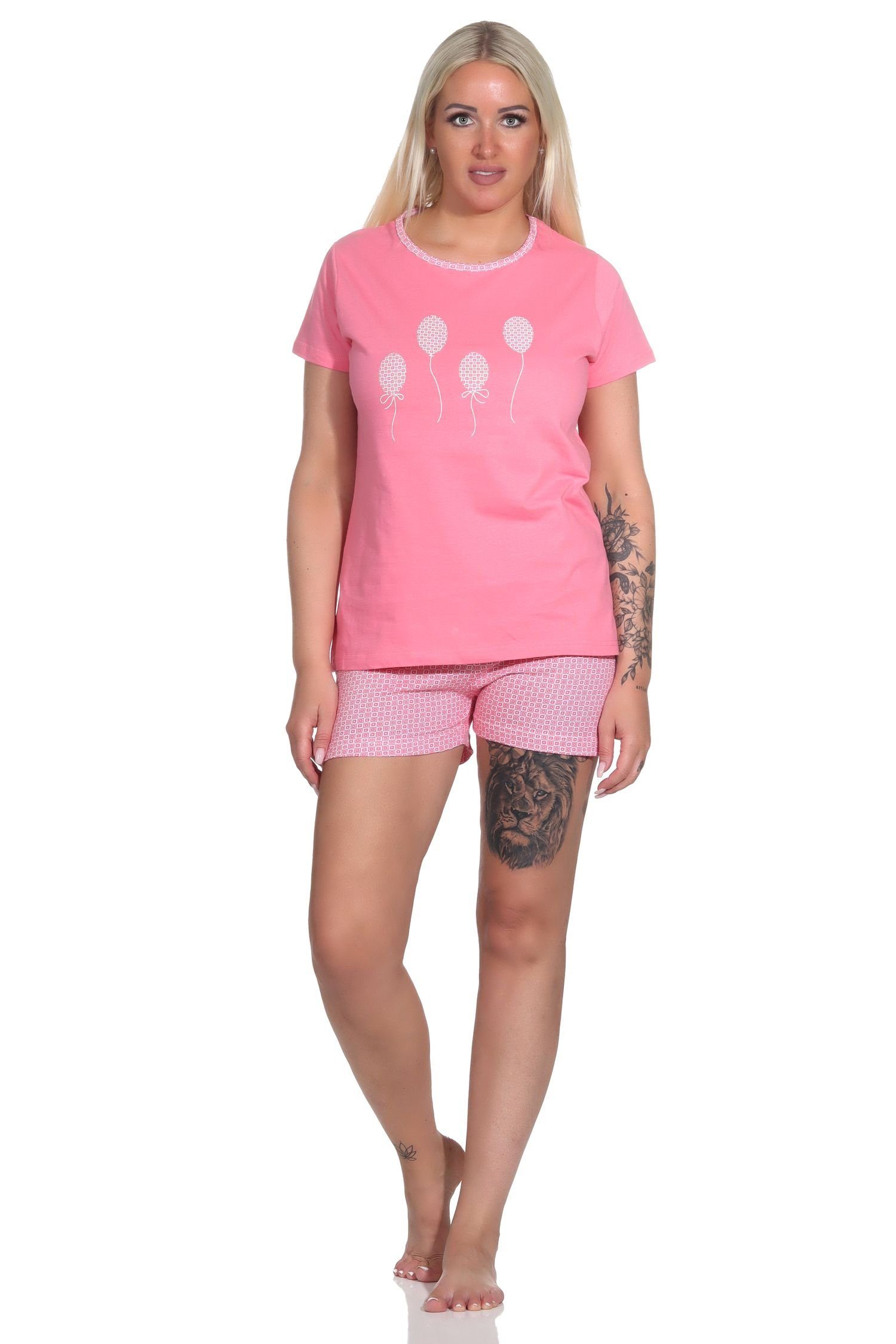 Pyjama kurzer by Normann und Damen mit RELAX Pyjama Luftballon-Motiv Minimal-Print pink Shorty,