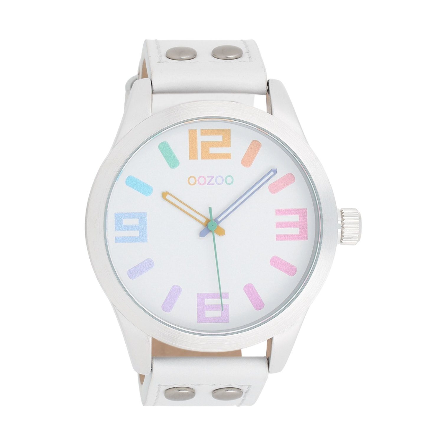 OOZOO Quarzuhr Basic Line XXL Armbanduhr C1085 Bunt Lederband Weiss 46 mm C günstig online kaufen