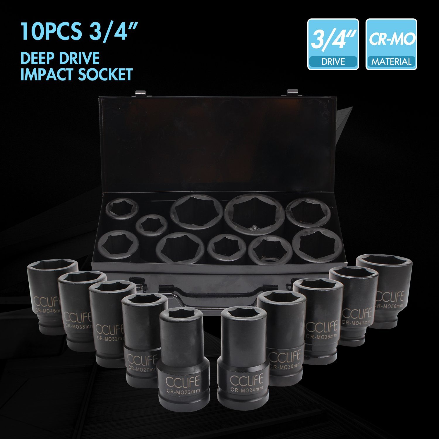 CCLIFE Steckschlüssel 10tlg. Schlagschrauber Nuss Set 3/4" & 1" Antrieb Sechskant 22-50 mm (set, 10 St)