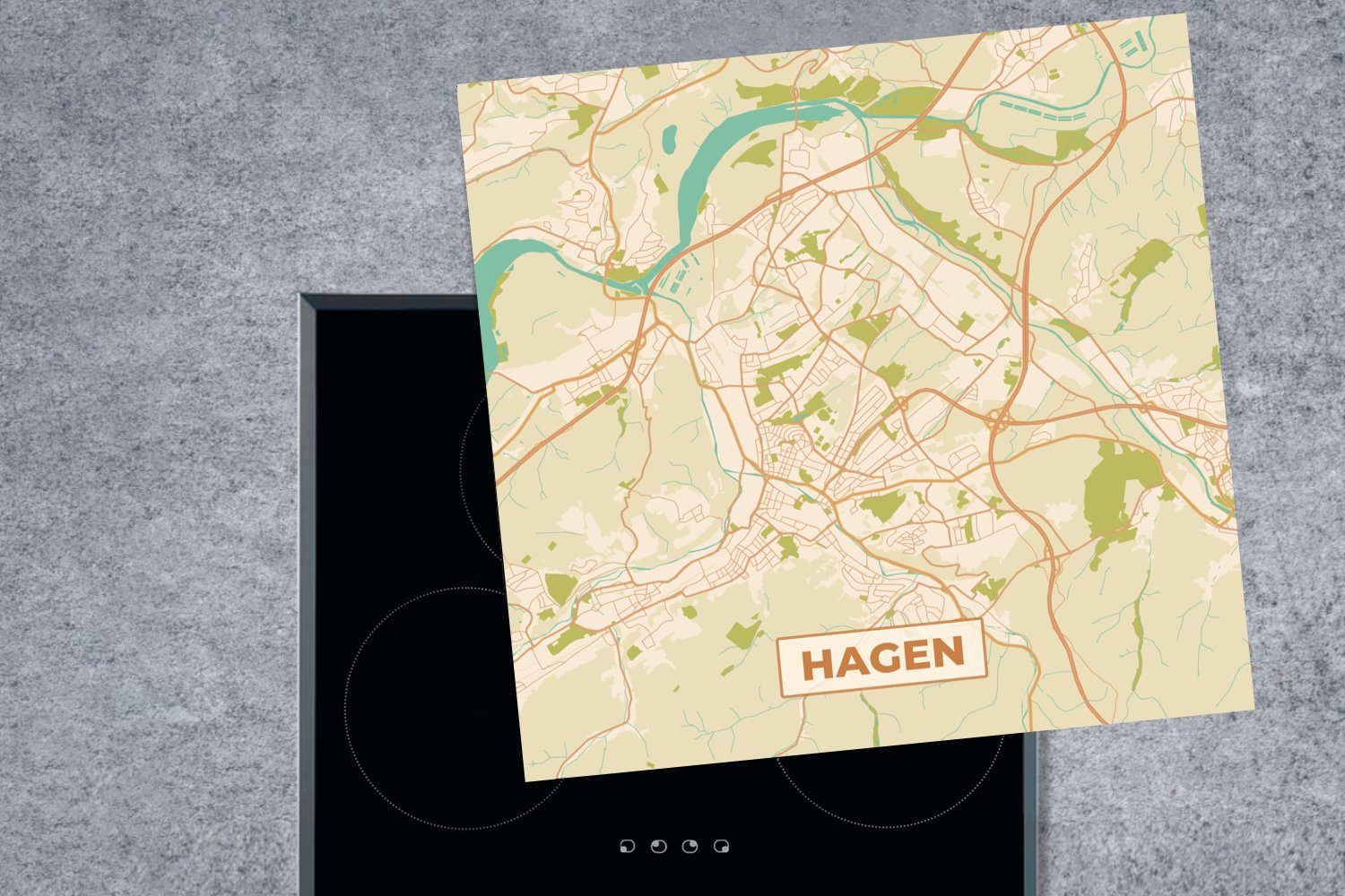 MuchoWow Herdblende-/Abdeckplatte - für 78x78 Vintage - küche (1 tlg), - Stadtplan, Ceranfeldabdeckung, Arbeitsplatte Karte Hagen Vinyl, cm