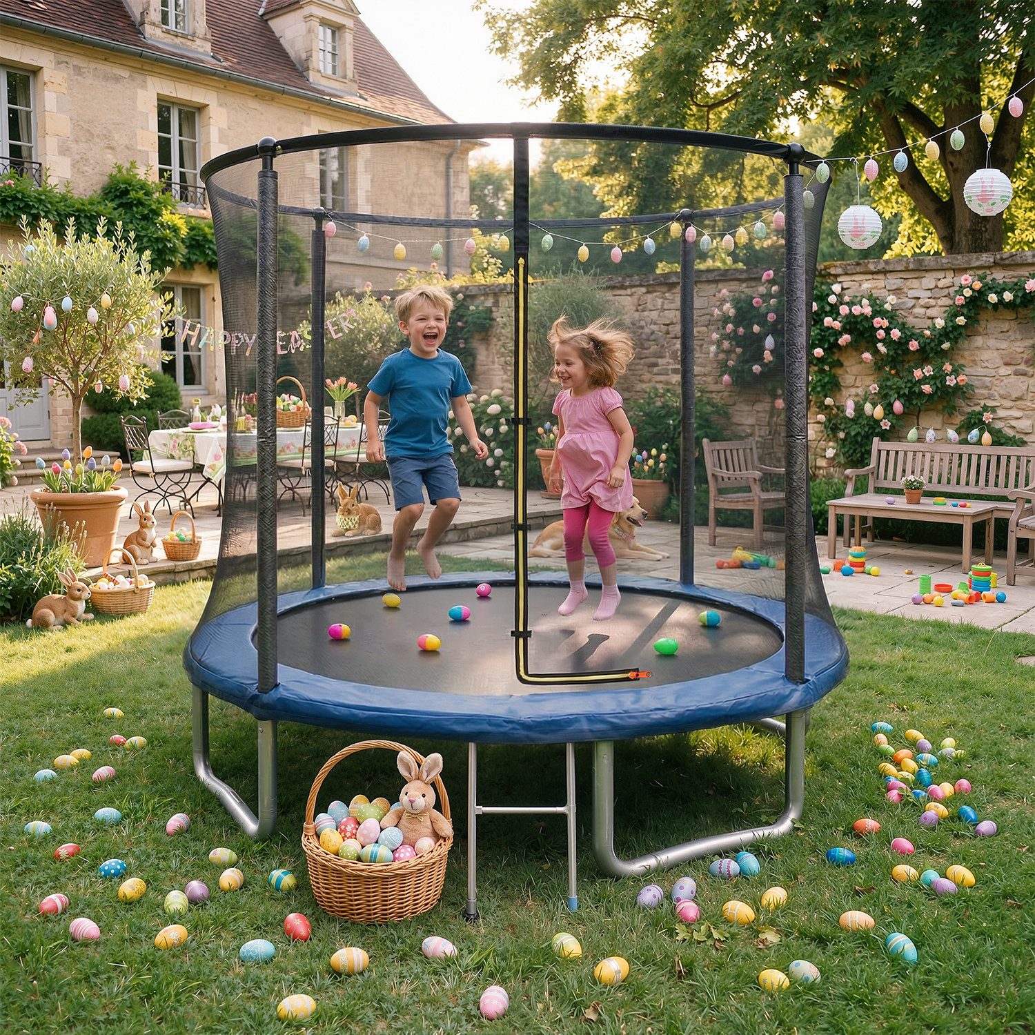 HOMALL Gartentrampolin Kindertrampolin, Outdoor-Trampolin, Durchmesser 183/222/290/360 cm, Ø 183 cm, (Ausgestattet mit Sicherheitsnetz, Leiter und 360°-Gelander, maximale Tragkraft 150 kg,ostern geschenke)