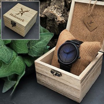 Holzwerk Quarzuhr BIRKENAU Leder & Edelstahl Armbanduhr, Baumblatt, schwarz, lila, blau