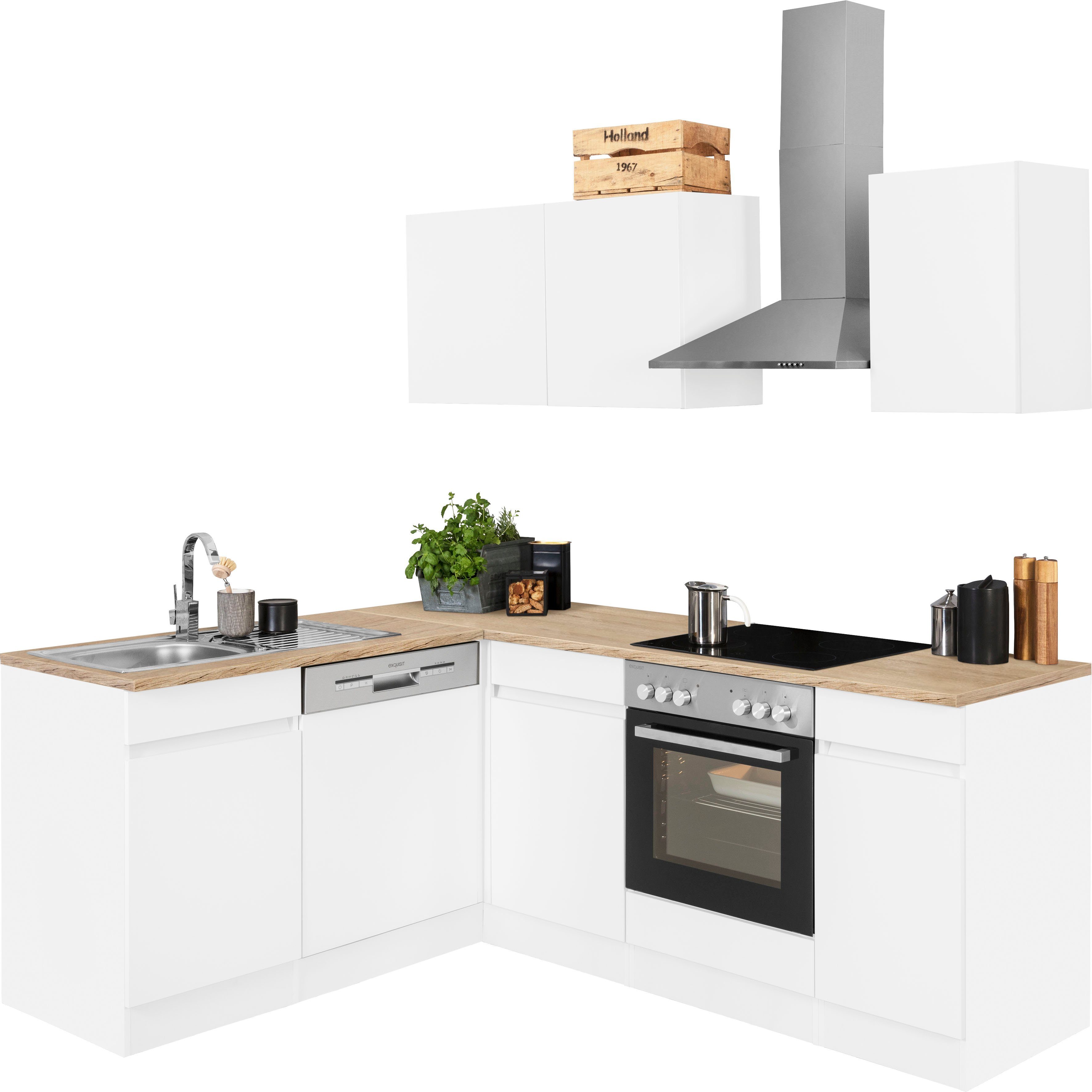 OPTIFIT Winkelküche Roth, mit E-Geräten, Stellbreite 210 x 175 cm weiß/weiß-wildeichefarben | weiß | L-Küchen