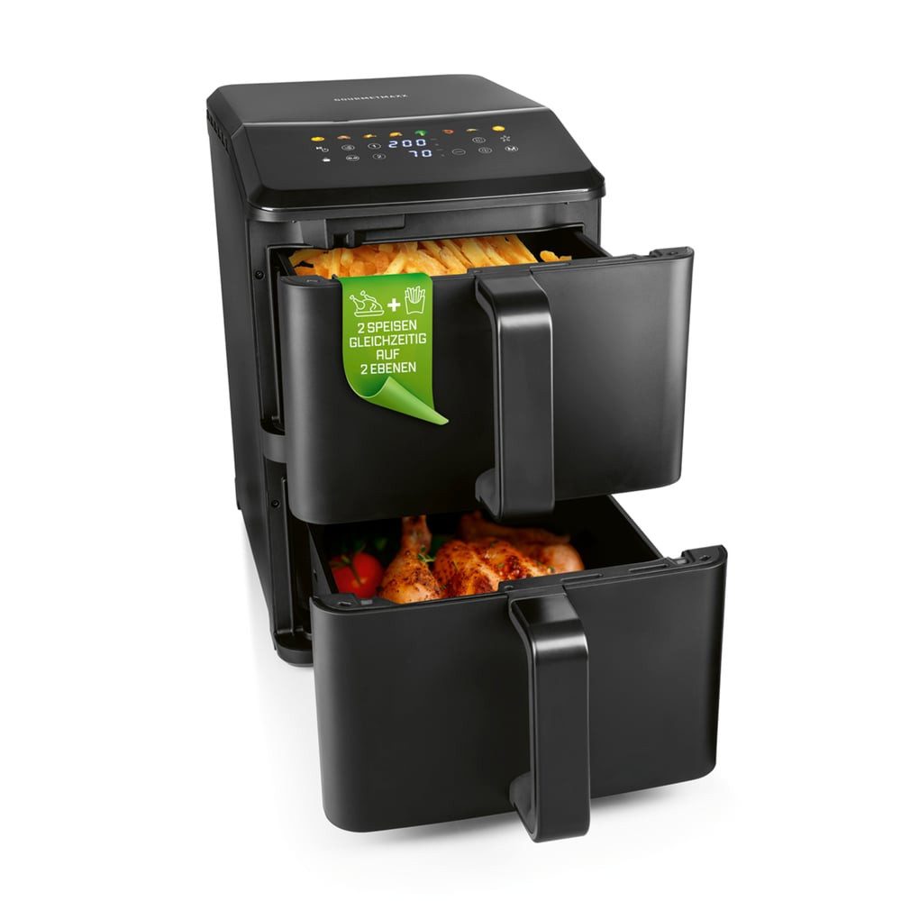 GOURMETmaxx Heißluftfritteuse Vertikale Doppelkammer-Heißluftfritteuse - 10 L - Multi-Colour LED-Touchdisplay, 2400 W, GOURMETmaxx FryUp Vertikale Doppelkammer-Heißluftfritteuse