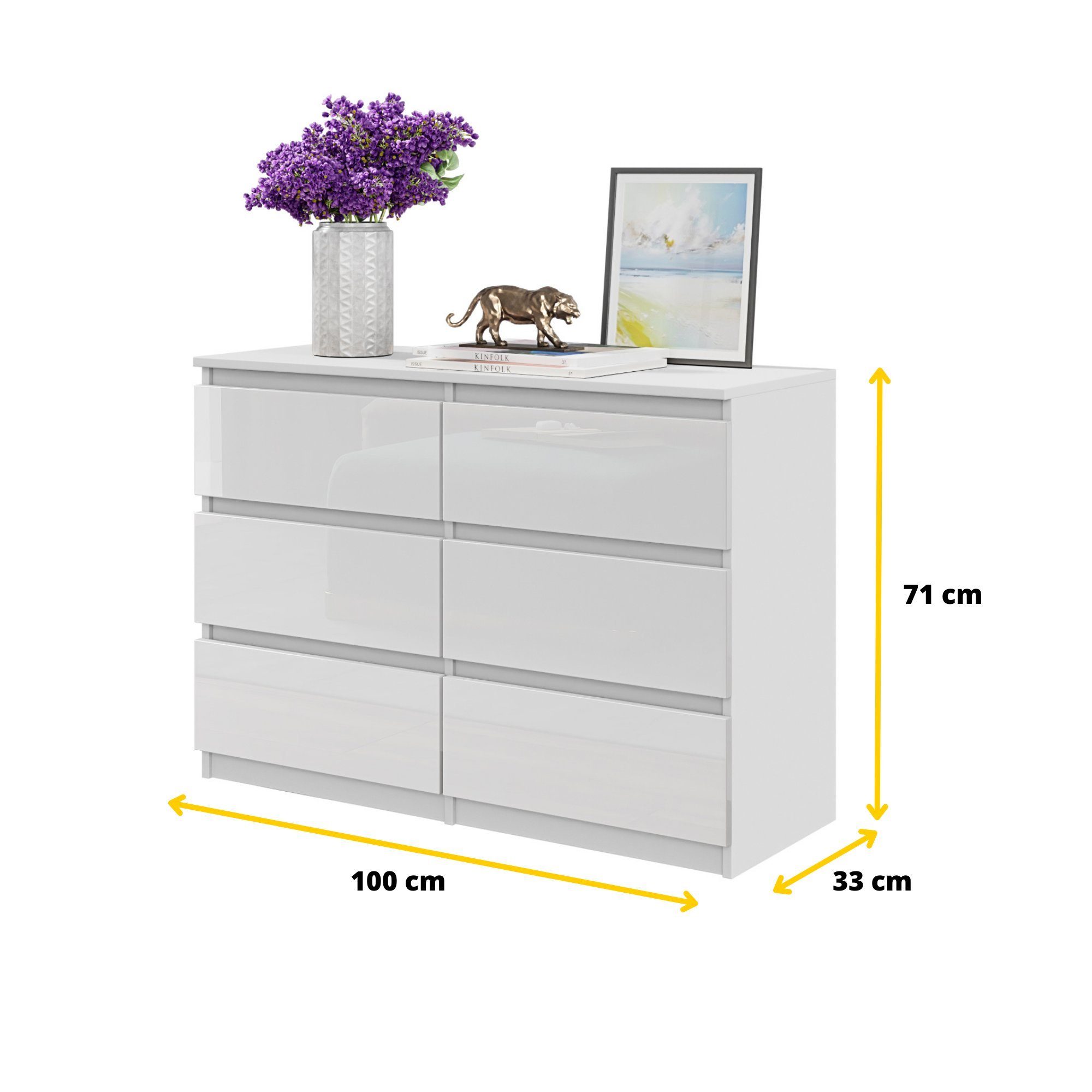 Furnica Kommode GABRIEL 6 Schubladen - Weiß Matt H70cm B100cm T33cm