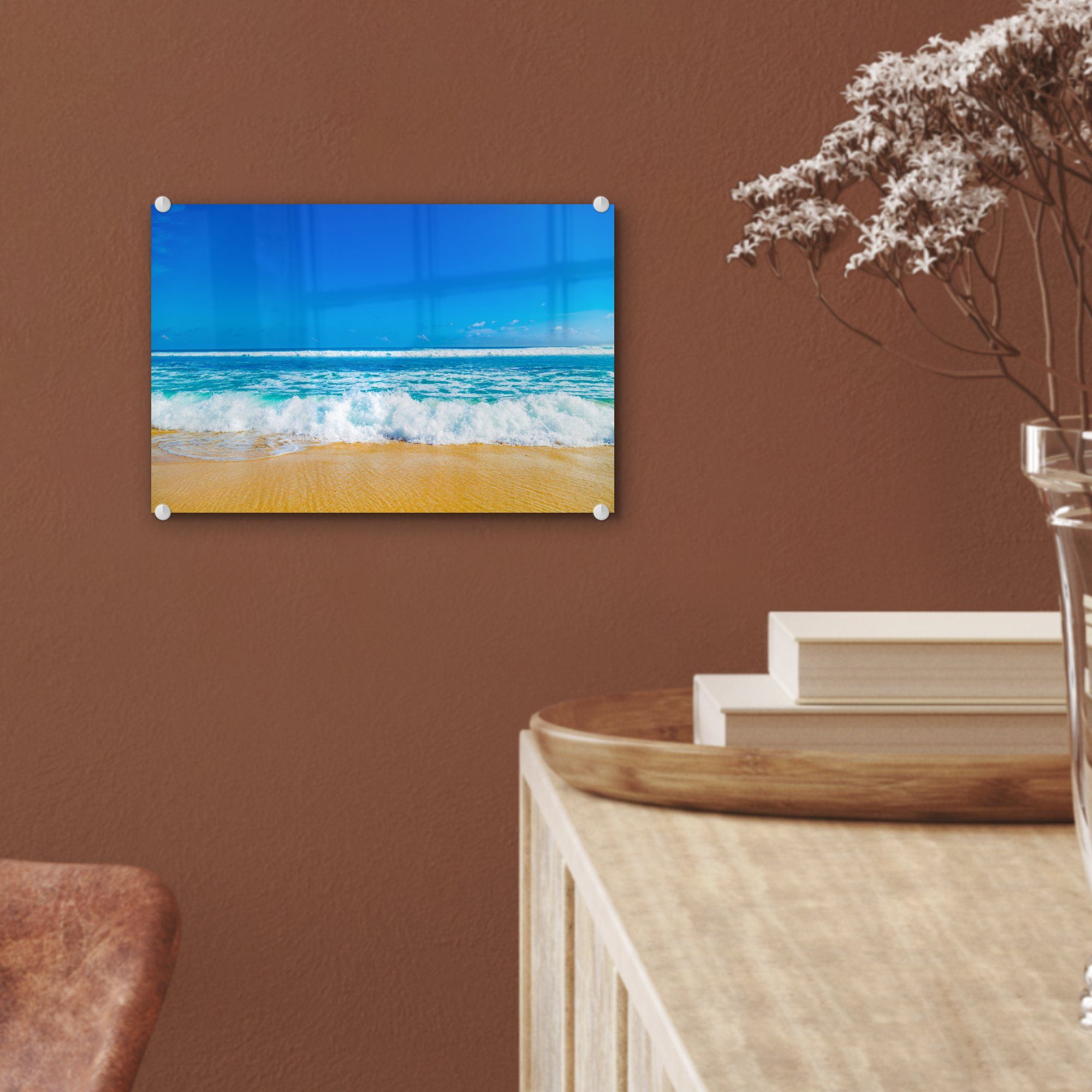 auf (1 Foto Glas Bilder Glas - - auf - MuchoWow Glasbilder Wandbild Strand Blau, - Acrylglasbild St), Meer - Wanddekoration