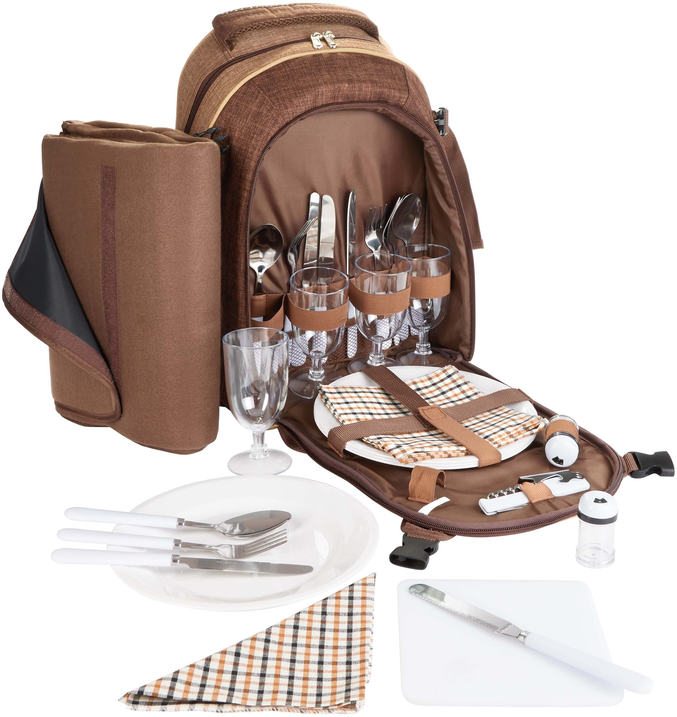 BRUBAKER Freizeitrucksack und Picknick-Set Kühlfach Fleece-Picknickdecke (isolierender Picknickrucksack 4 Personen mit für Thermorucksack)