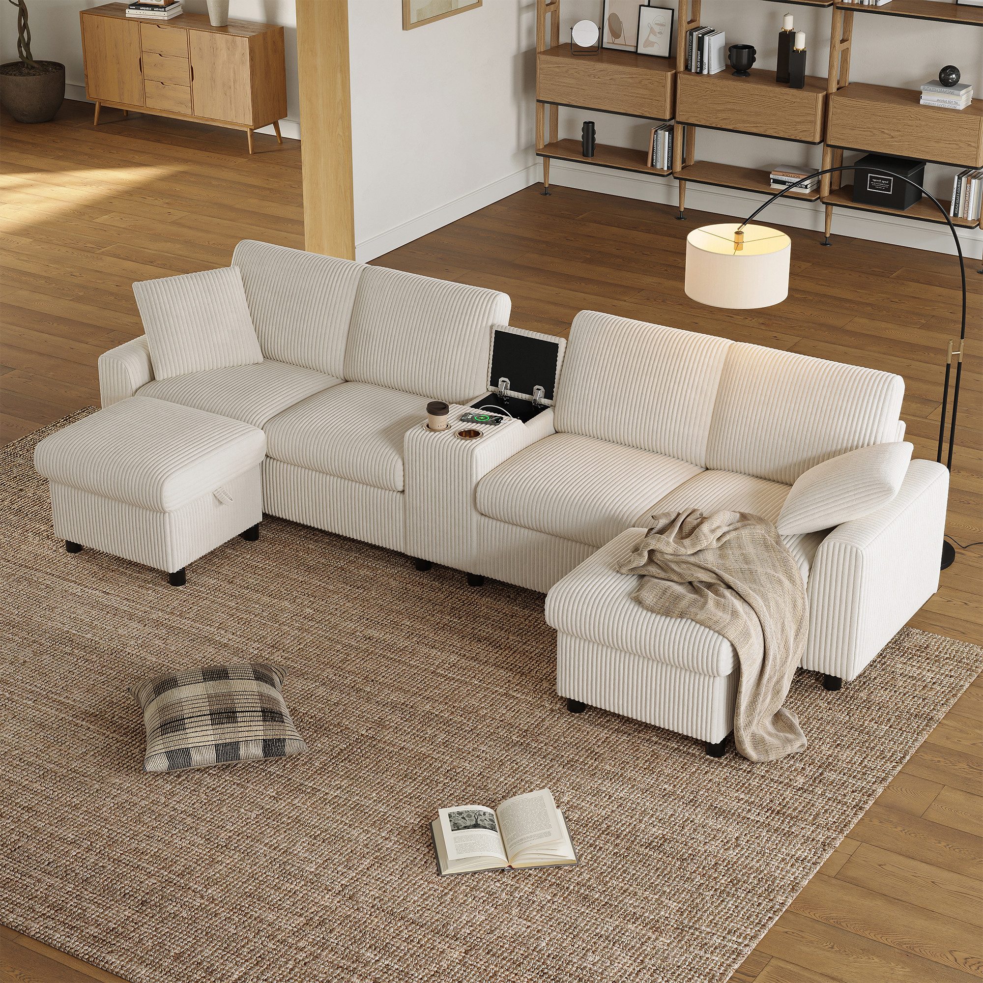 Merax Ecksofa 4-Sitzer U-Form Sofa mit 2 Hockern, 1 Teile, mit Bettkasten, Couch, Cord Stoff