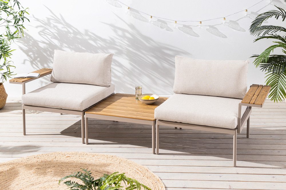 riess-ambiente Sitzgruppe MOBILE MODULAR 240cm champagner greige – inkl Bank, Tisch & 4 Kissen, (Set, 3-tlg), pflegeleichte Gartenmöbel, wetterfest, moderne Outdoor Terrassenmöbel