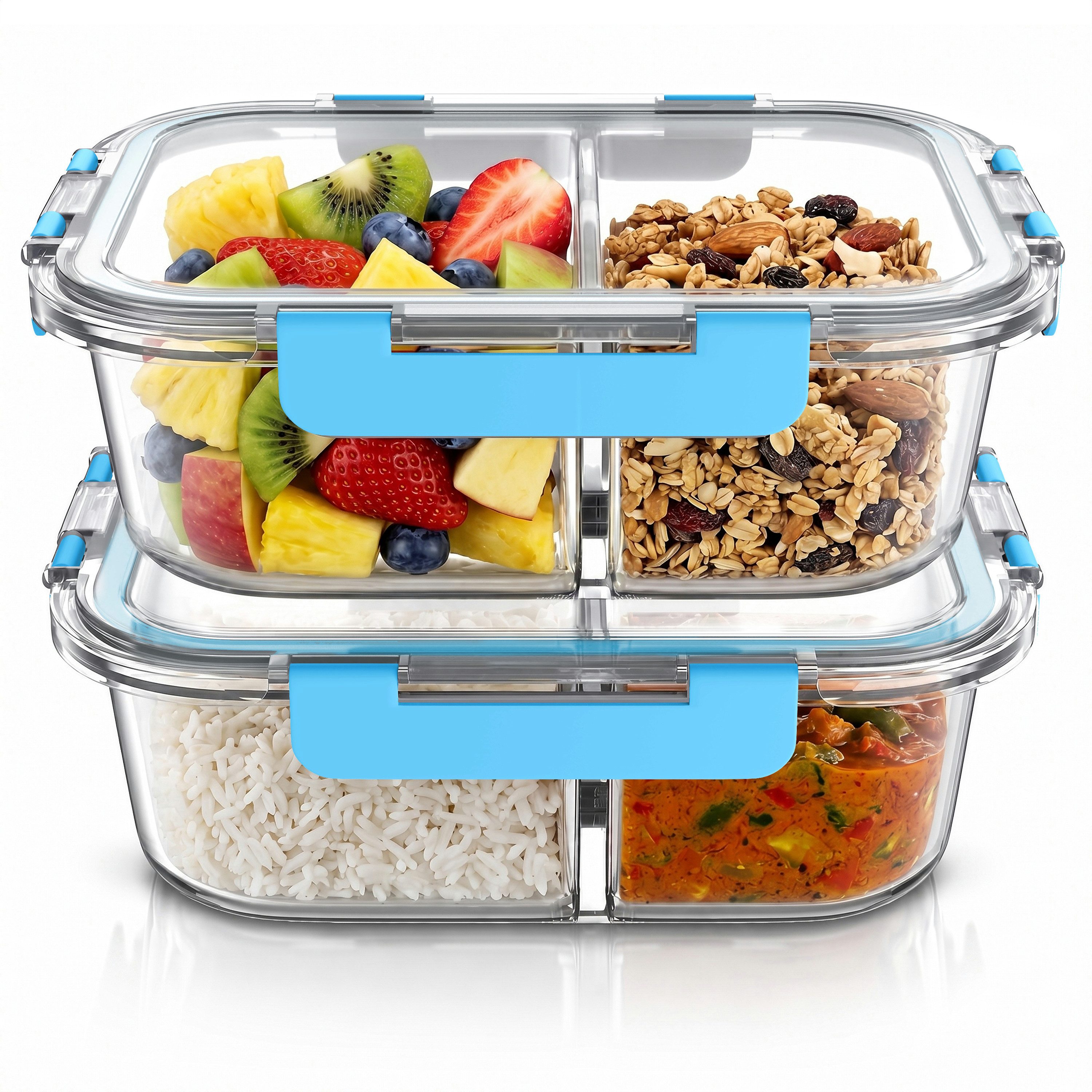 Arendo Frischhaltedose 2 Fächer, Deckel, 2er Set Glas Vorratsdosen, Lunchboxen, auslaufsicher, Borosilikatglas, (Set, 2-tlg., mit 2 Fächern), Mikrowellen, Ofen, Gefrier & spülmaschinengeeignet, Meal Prep, Bento