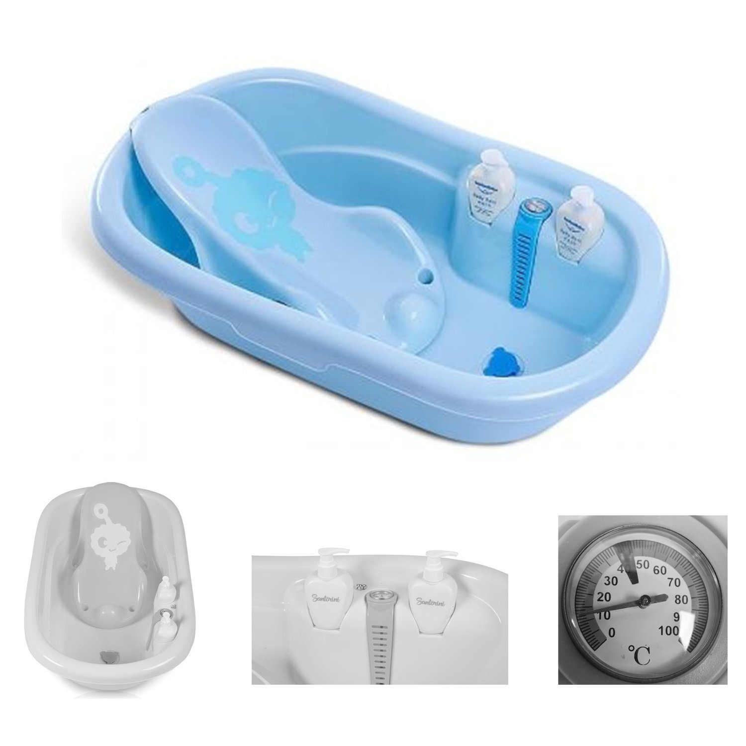 Moni Babybadewanne Babybadewanne Santorini, Zubehör 90 cm, Thermometer Shampoospender ab Geburt blau | Babybadewannen