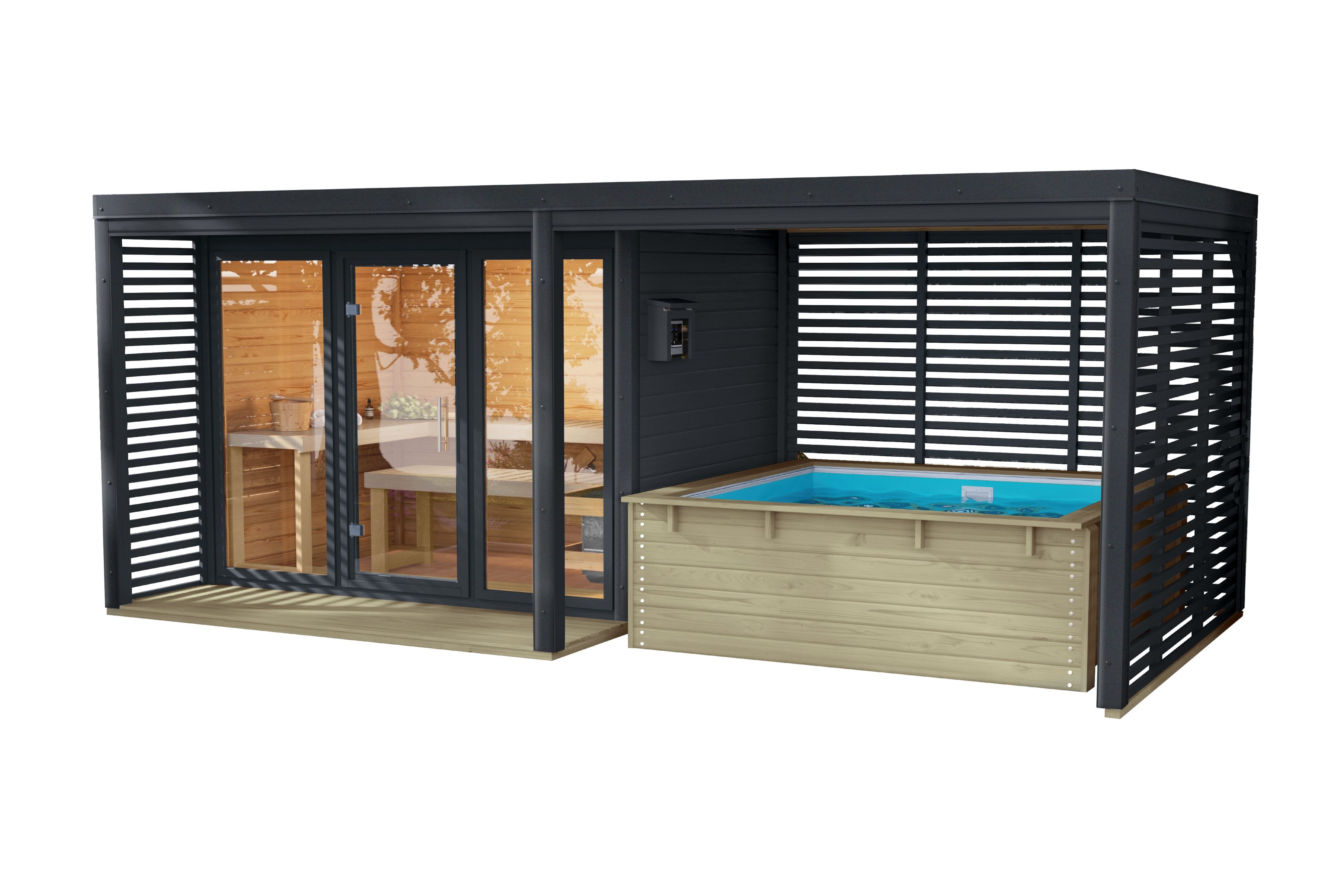 Karibu Saunahaus Saunahaus Angelus XL mit Anbaudach und Minipool, nordisches Fichtenholz, Made in Germany