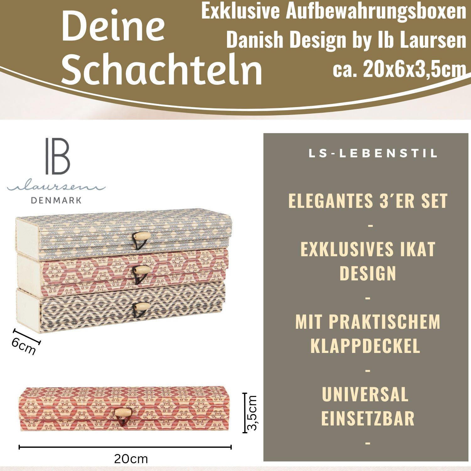 LS-LebenStil Aufbewahrungsbox Vintage Holz Schachtel 3´er Set Bambus mit Deckel Geschenkbox Box (Ikat länglich Geschenkbox schmale Schmuckschachtel, Schmuckschatulle, 3 St., Holzschatulle Schmuckkästchen, Stiftebox, Federtasche Kästchen Kiste), Rechteckig