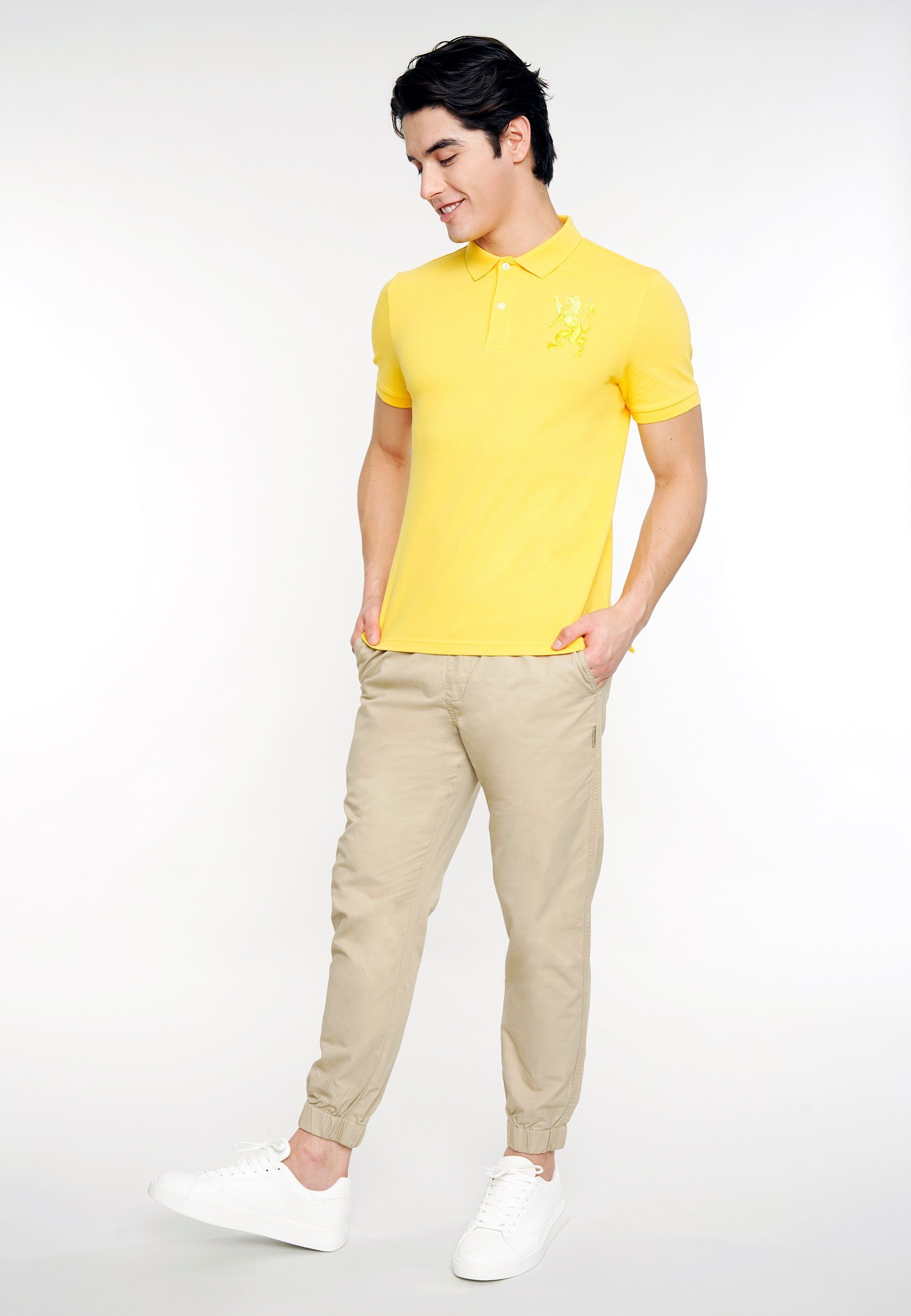 GIORDANO Poloshirt 3D Stickerei Lion mit toller gelb