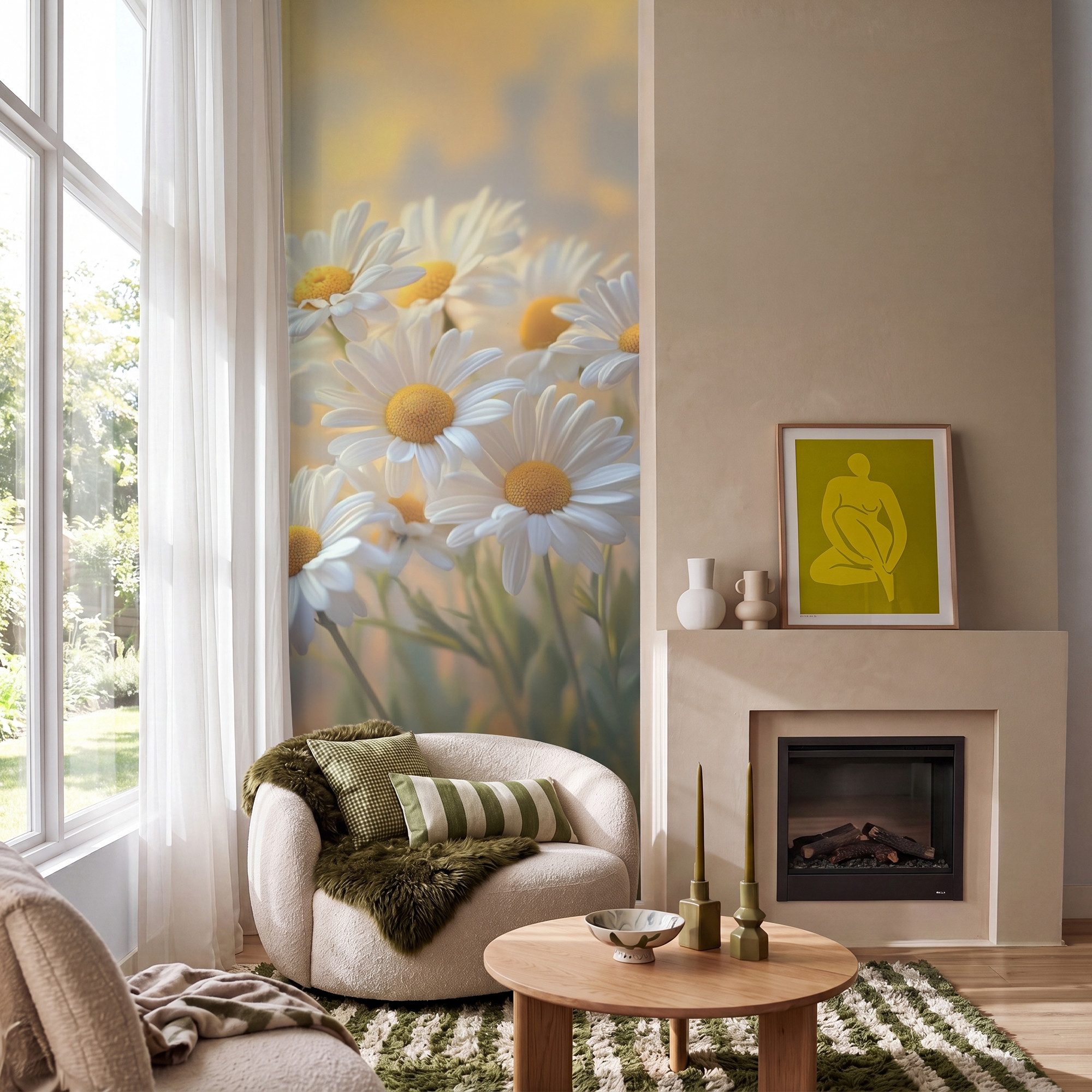 OnlyWow Fototapete Gänseblümchen - Weiß - Sonnenlicht, Matt, bedruckt, Schlafzimmer, Küche, Vliestapete, Modern 100x240cm