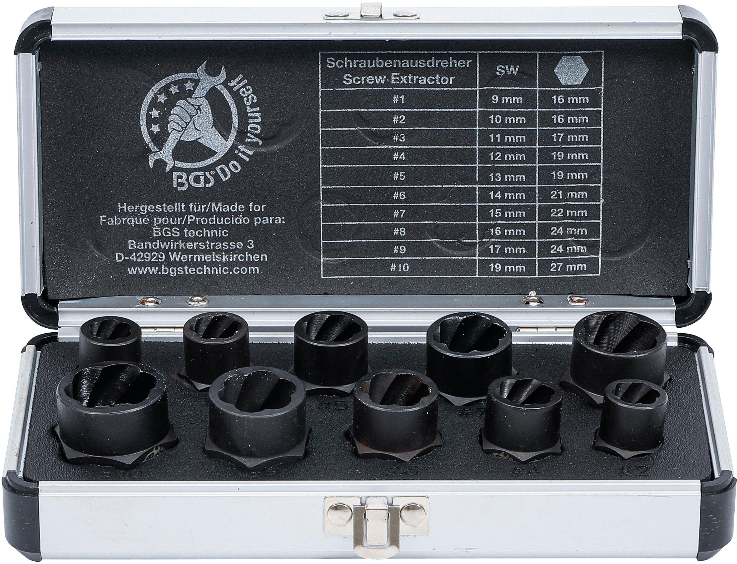 BGS technic Stecknuss Spiral-Profil-Steckschlüssel-Satz / Schraubenausdreher, Antrieb Innensechskant 10 mm (3/8) / Außensechskant, SW 9 - 19 mm, 10-tlg.