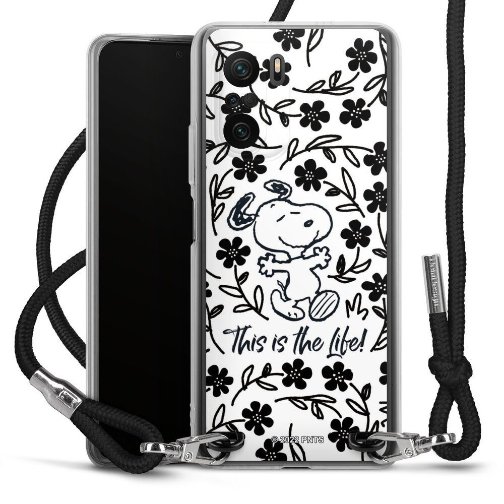 DeinDesign Handyhülle Peanuts Blumen Snoopy Snoopy Black and White This Is The Life, Xiaomi Poco F3 Handykette Hülle mit Band Case zum Umhängen