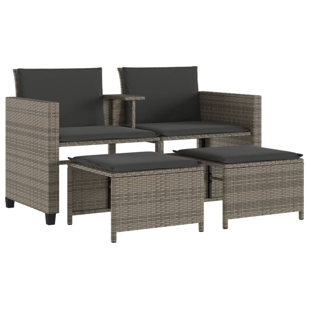 vidaXL Gartenlounge-Set Gartensofa 2-Sitzer mit Tisch und Hockern Grau Poly Rattan, (1-tlg)