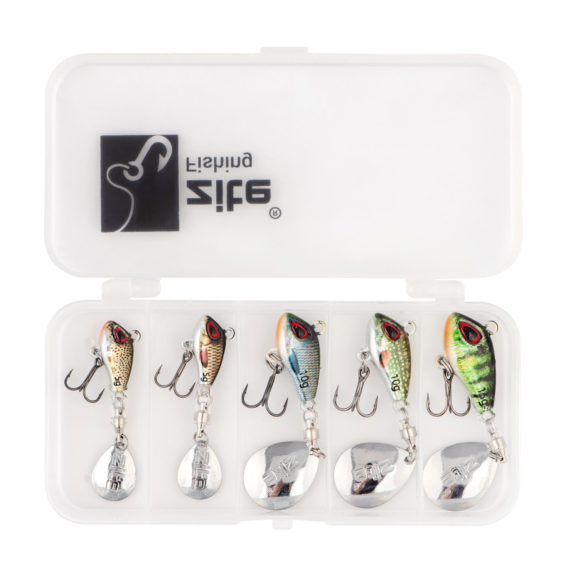 Zite Kunstköder Jigspinner Set 5-15g Neon Natur 2er Haken 5 Stück inklusive TackleBox