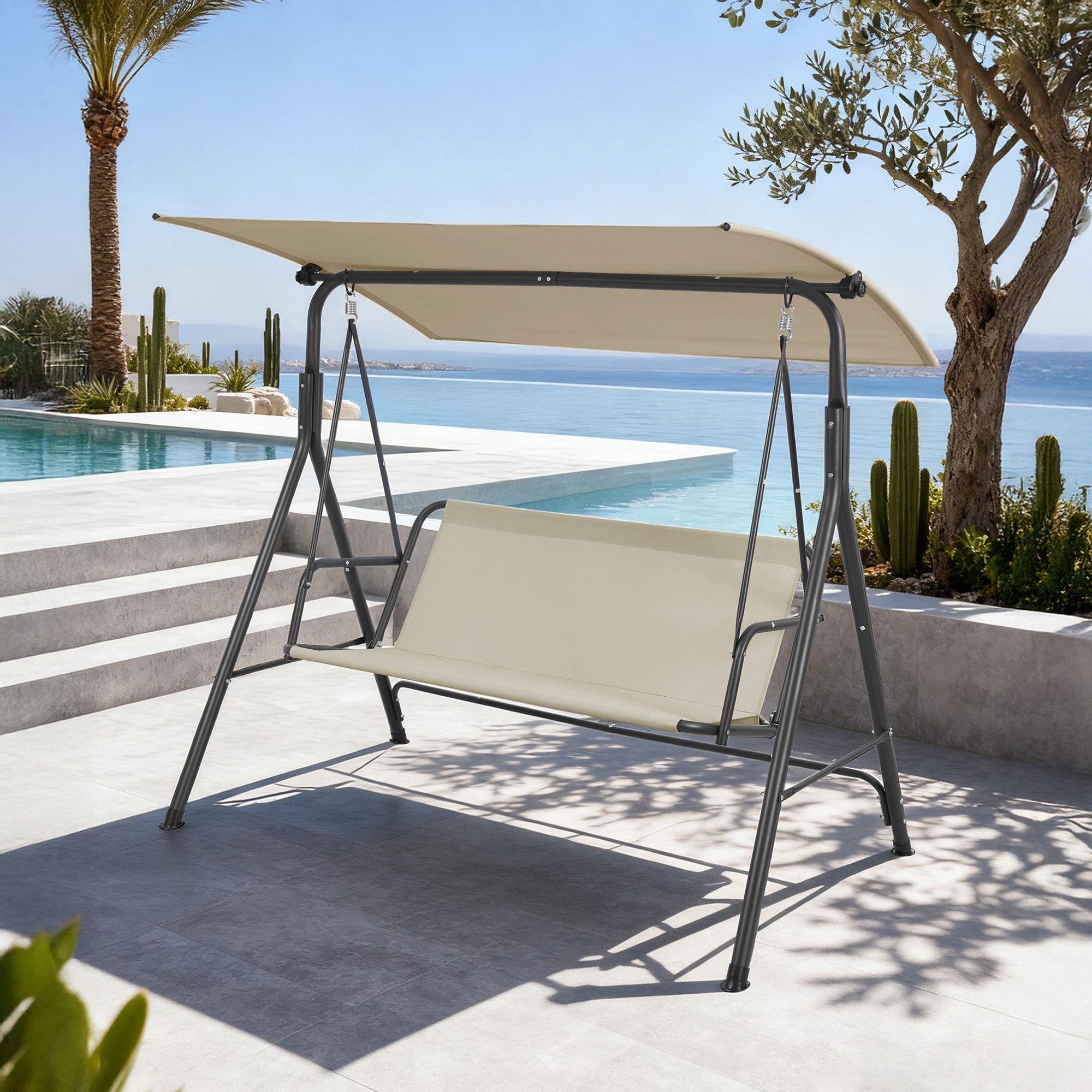 en.casa Hollywoodschaukel, 3-Sitzer, »Satten« 3-Sitzer mit Dach Stahlgestell 173x119x153 cm Grau/Beige