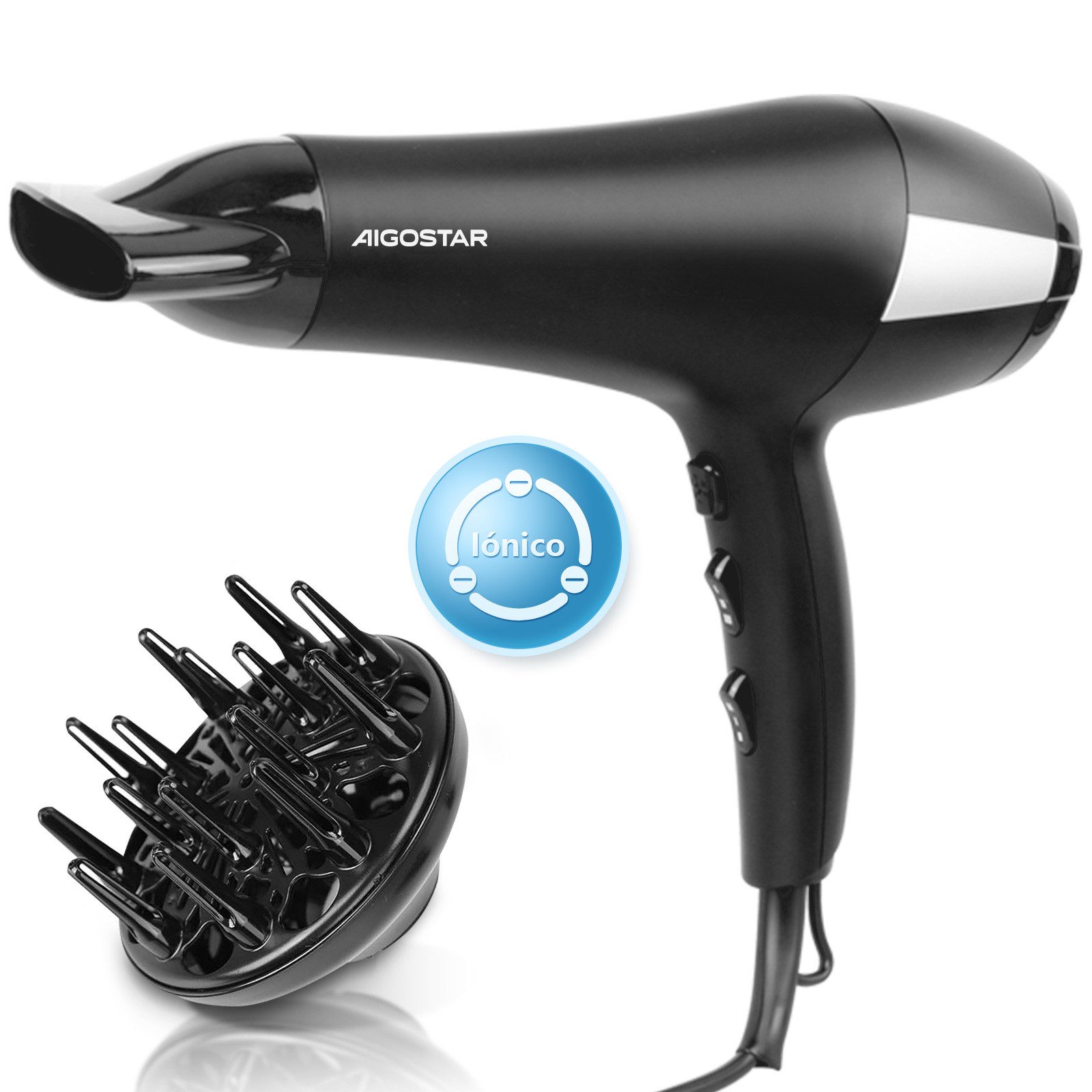 Aigostar Ionic-Haartrockner 2 Geschwindigkeit / 3 Hitze / Kühle Taste, mit Diffuser & Concentrator, 2400,00 W, 2400W Gleichstrommotor, Negative Ionenfunktion, infach zu Speichern