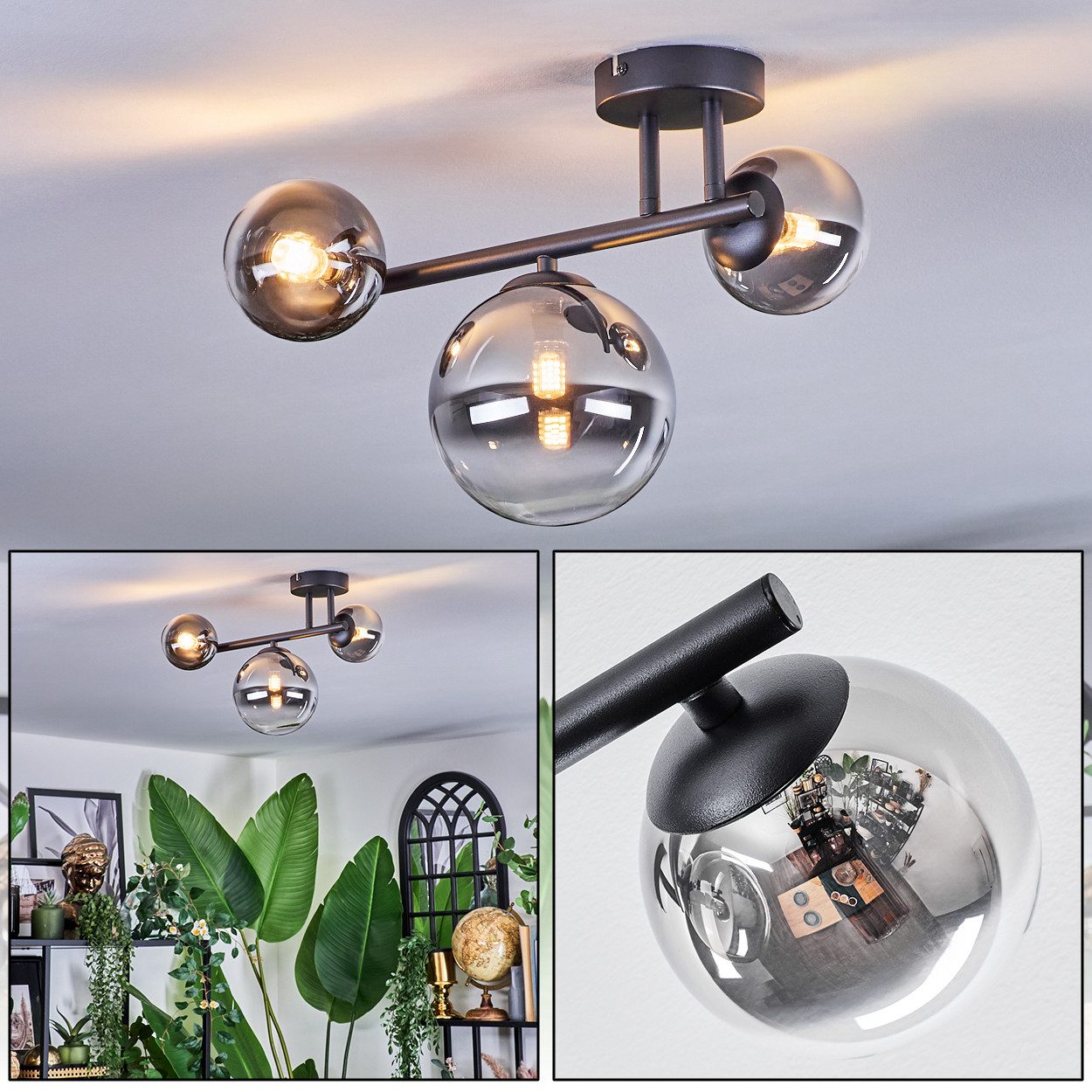 hofstein Deckenleuchte Deckenlampe aus Metall/Glas in Schwarz/Rauch-/Bernst günstig online kaufen